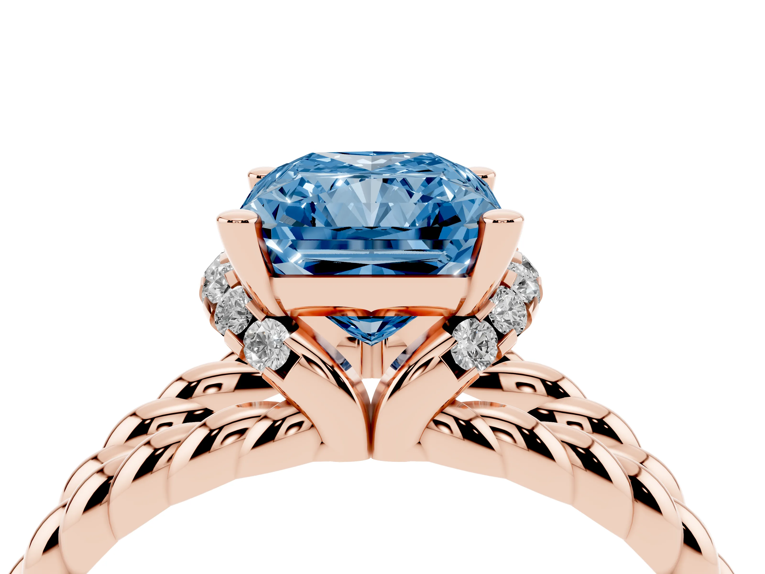 Fancy Blue Radiant Cut Diamond Halo Ring Set in Rose gold with Twisted Band and Prong Setting
