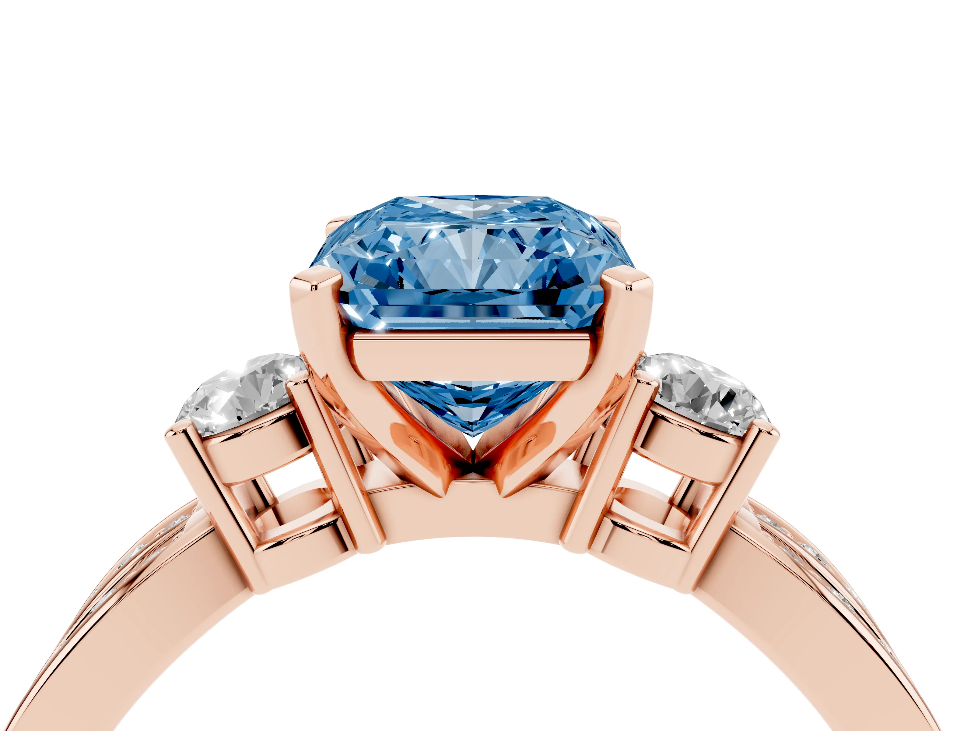 Fancy Blue Three-Stone Radiant Cut Diamond Twist Band Ring Set in Rose gold with Pavé Accents and Prong Setting