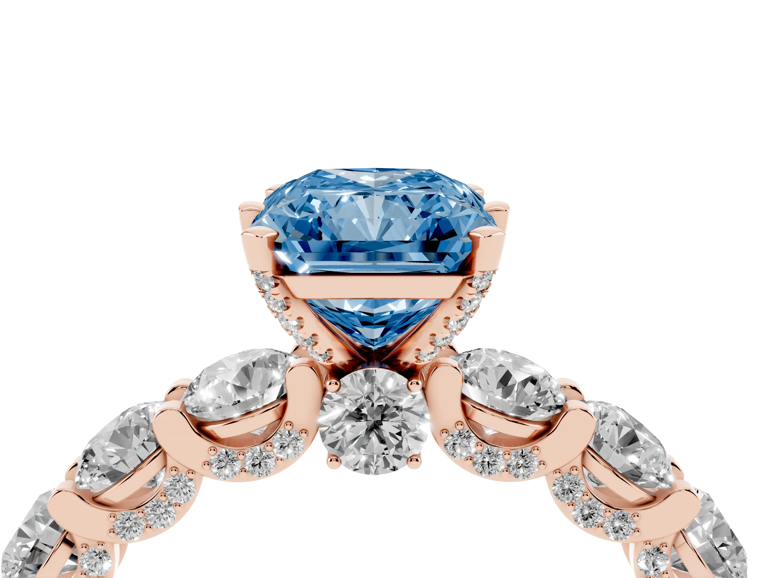Fancy Blue Radiant Cut Diamond Side Stone Ring Set in Rose gold with Alternating Round and Oval Side Stones