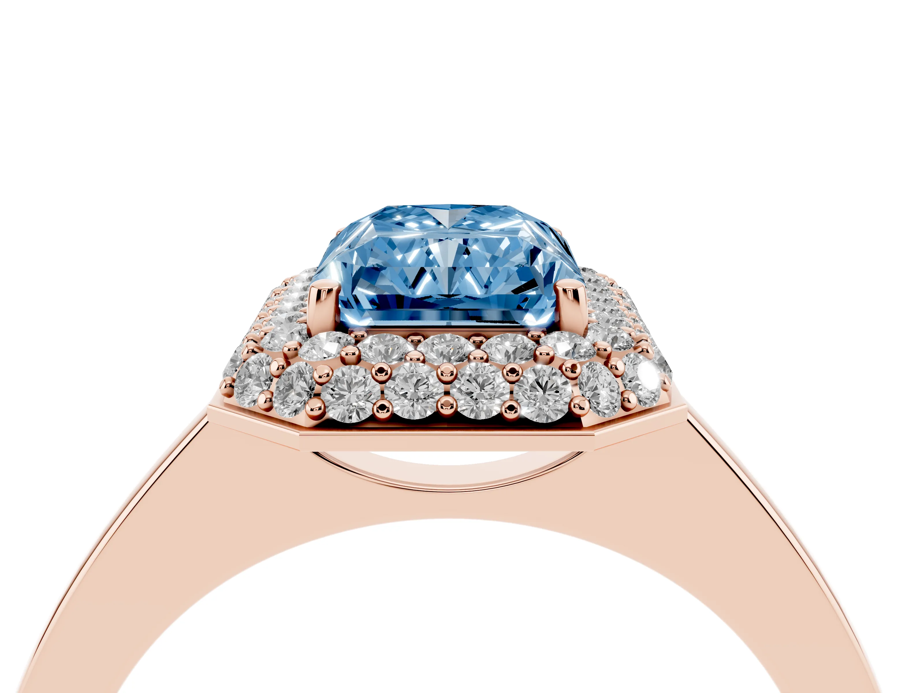 Fancy Blue Radiant Cut Diamond Halo Engagement Ring Set in Rose gold with Solitaire Band and Prong Setting