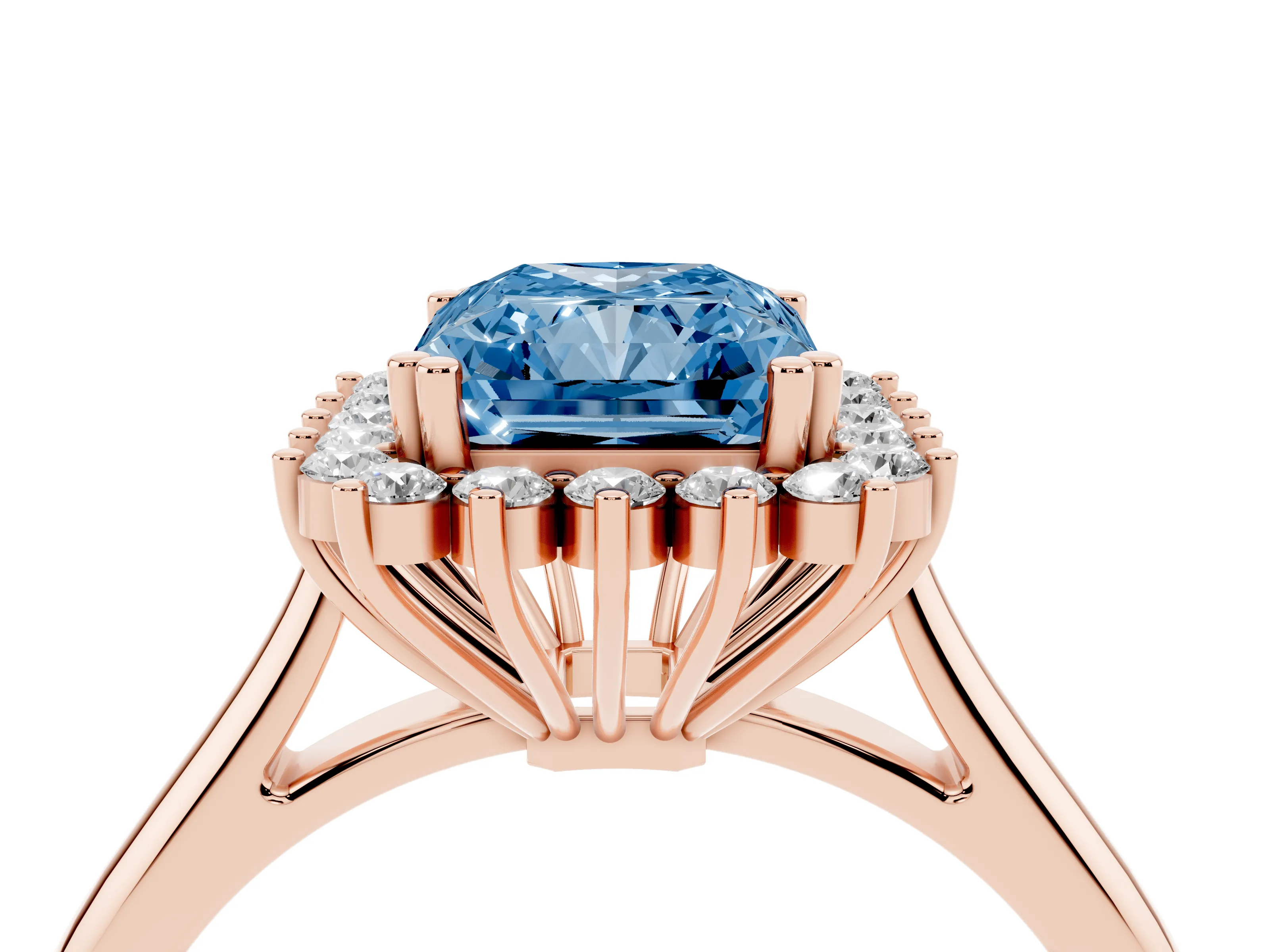 Fancy Blue Radiant Cut Diamond Halo Ring Set in Rose gold with Plain Solitaire Band and Prong Setting