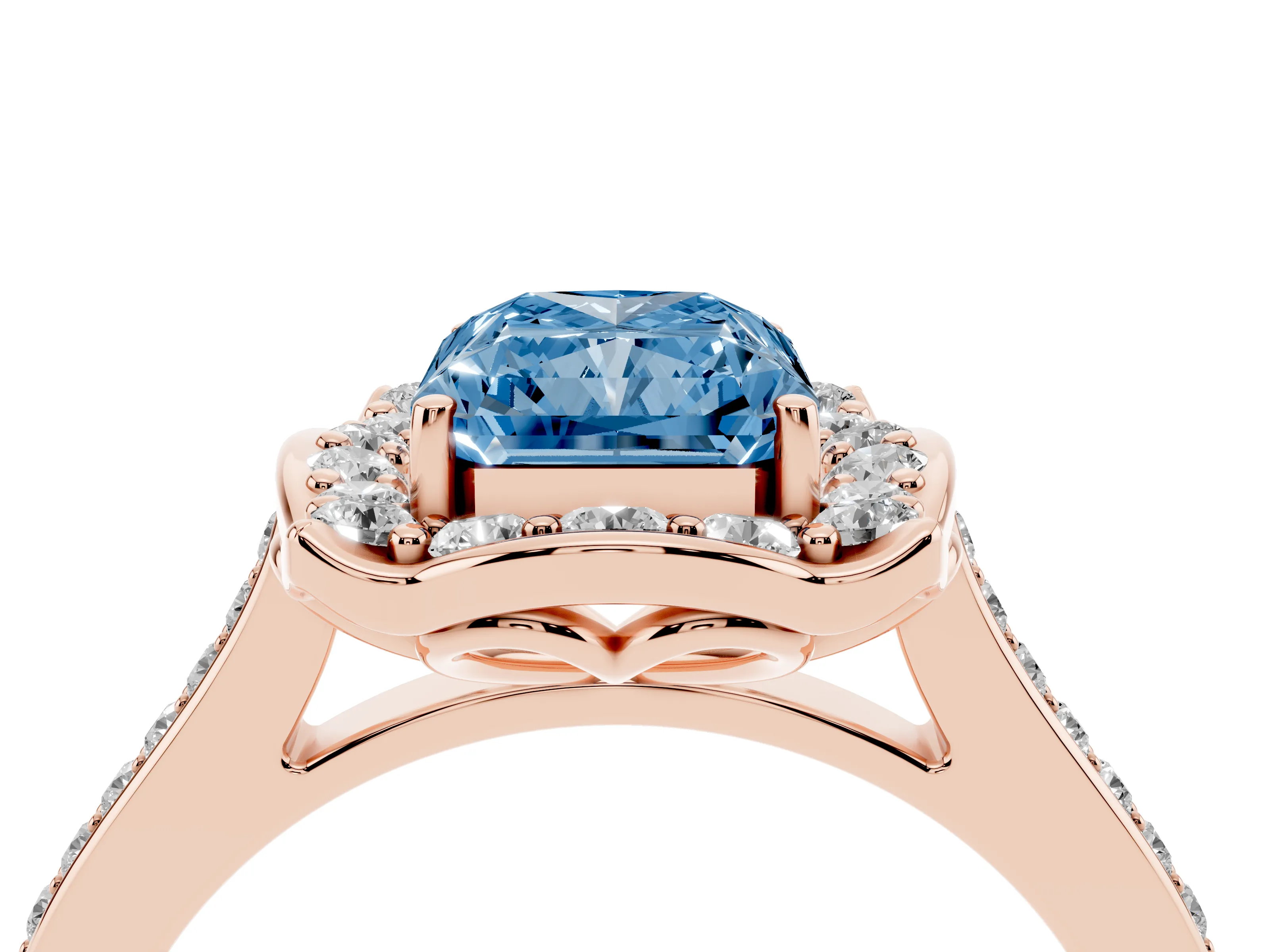 Fancy Blue Radiant Cut Diamond Halo Ring Set in Rose gold with Pavé-Lined Shoulders and Prong Setting