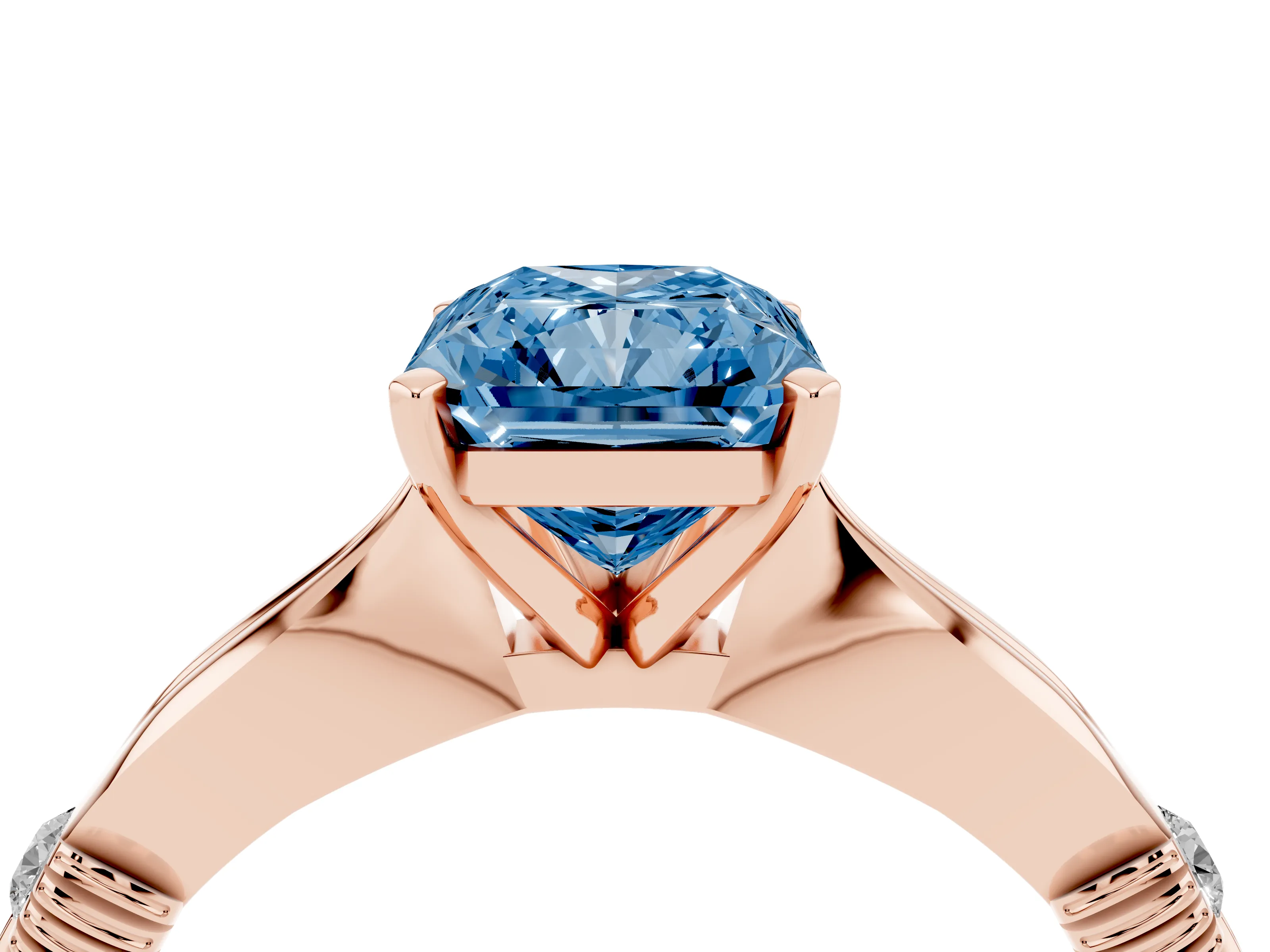 Fancy Blue Radiant Cut Diamond Solitaire Twisted Band Ring Set in Rose gold with Accent Stones and Prong Setting