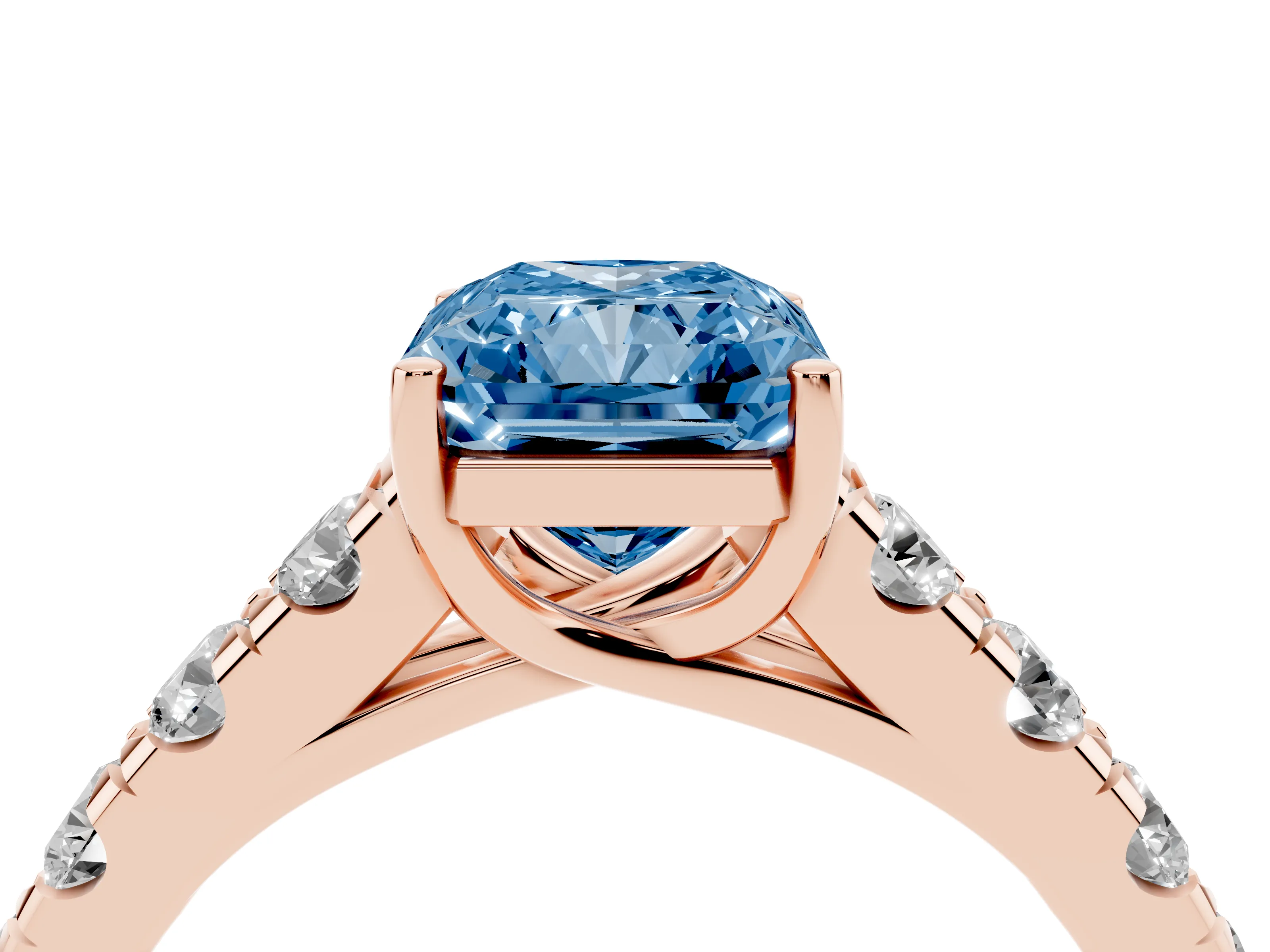 Fancy Blue Radiant Cut Diamond Solitaire Ring Set in Rose gold with Cut-Down Micro Pavé Band and Prong Setting