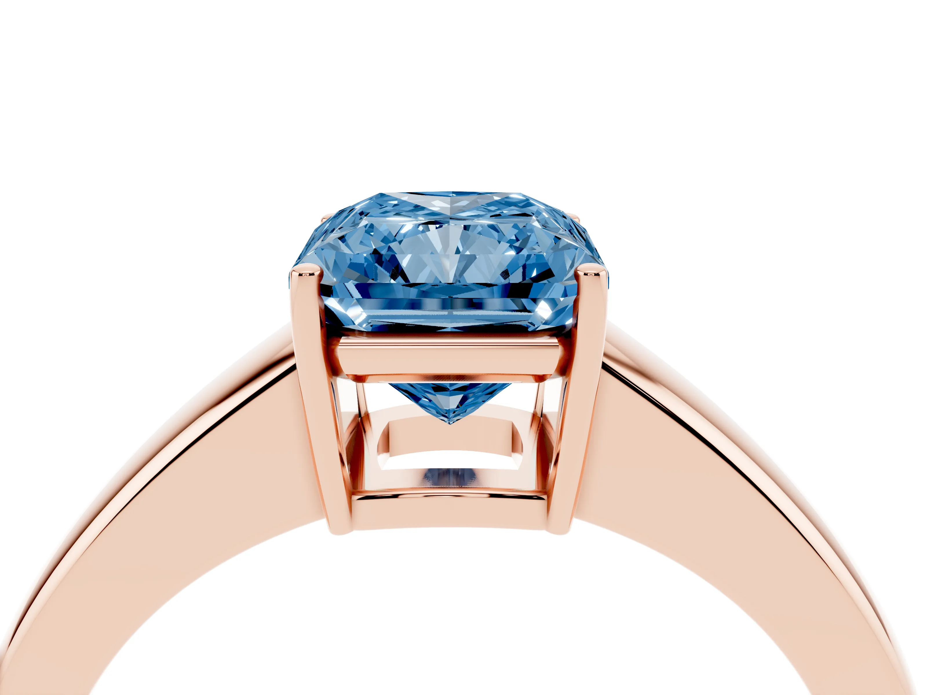 Fancy Blue Radiant Cut Diamond Solitaire Ring Set in Rose gold with Tapered Band and Prong Setting