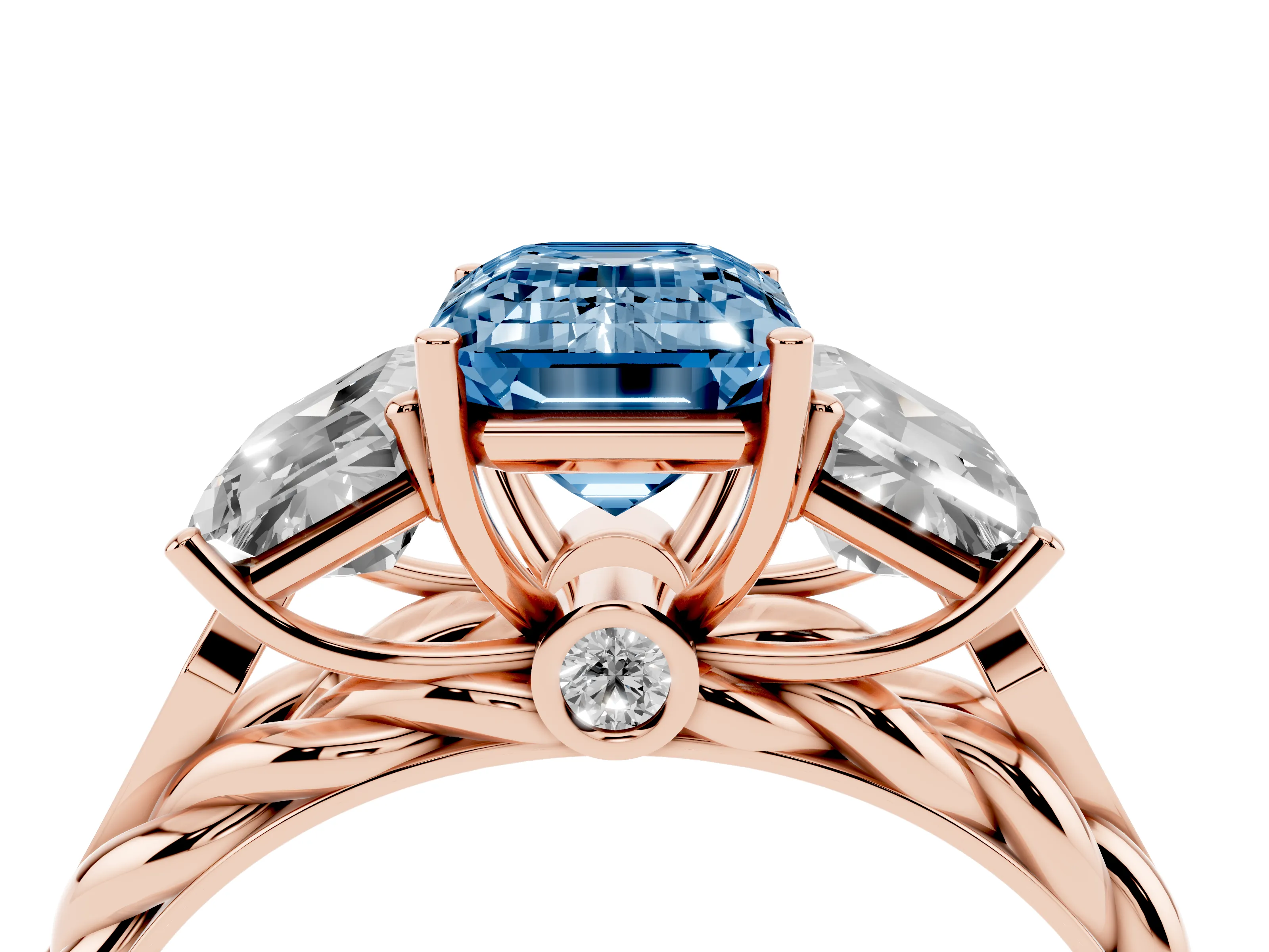 Fancy Blue Radiant Cut Diamond Three-Stone Ring Set in Rose gold with Braided Band