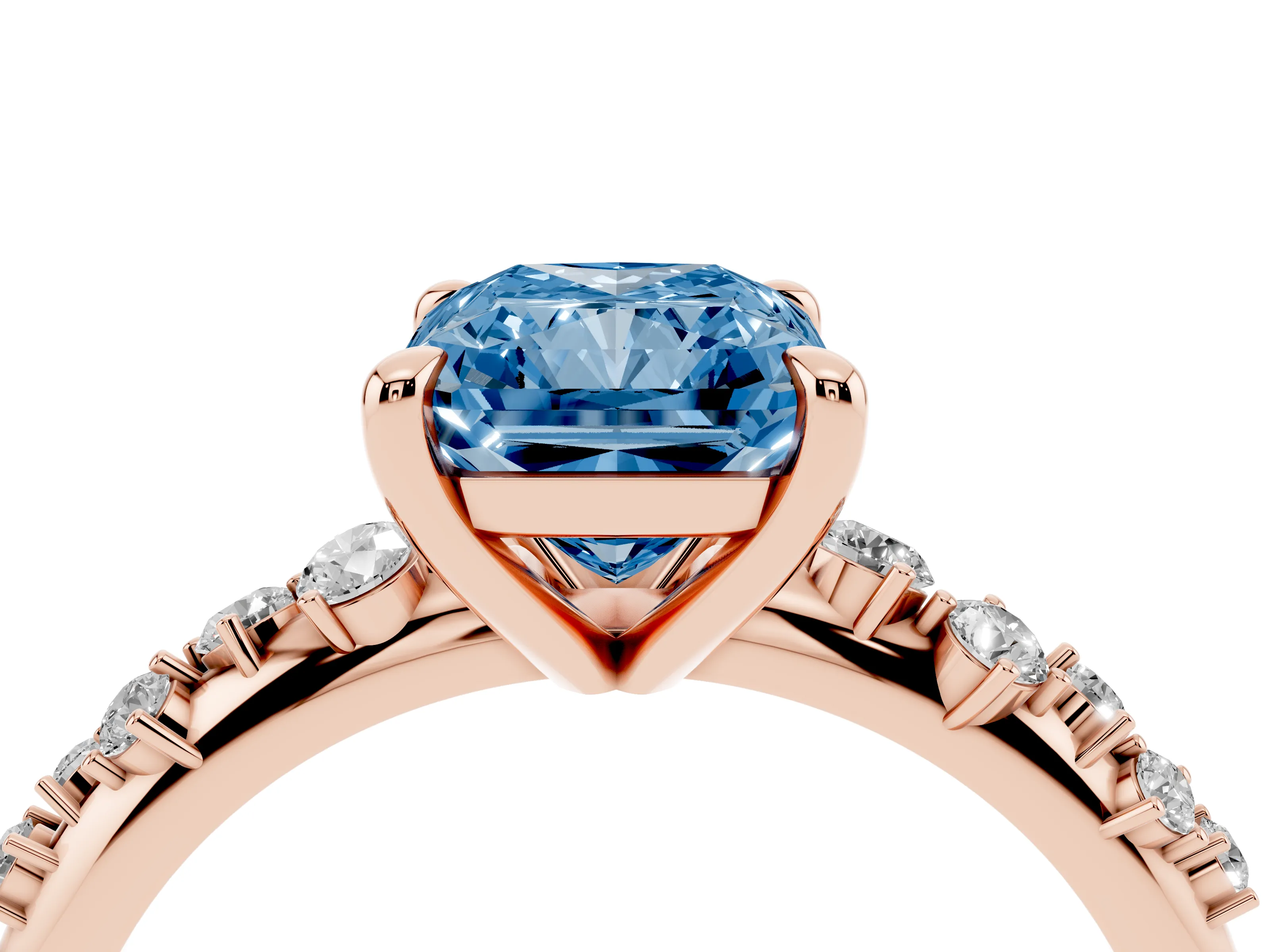 Fancy Blue Radiant Cut Diamond Solitaire Vine Band Ring Set in Rose gold with Round Accents and Prong Setting