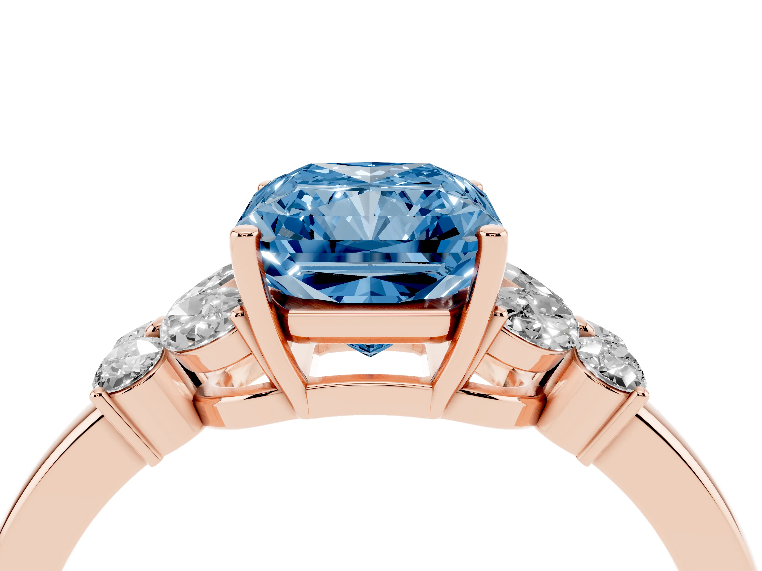 Fancy Blue Radiant Cut Diamond Solitaire Floral Ring Set in Rose gold with Marquise Petals and Prong Setting