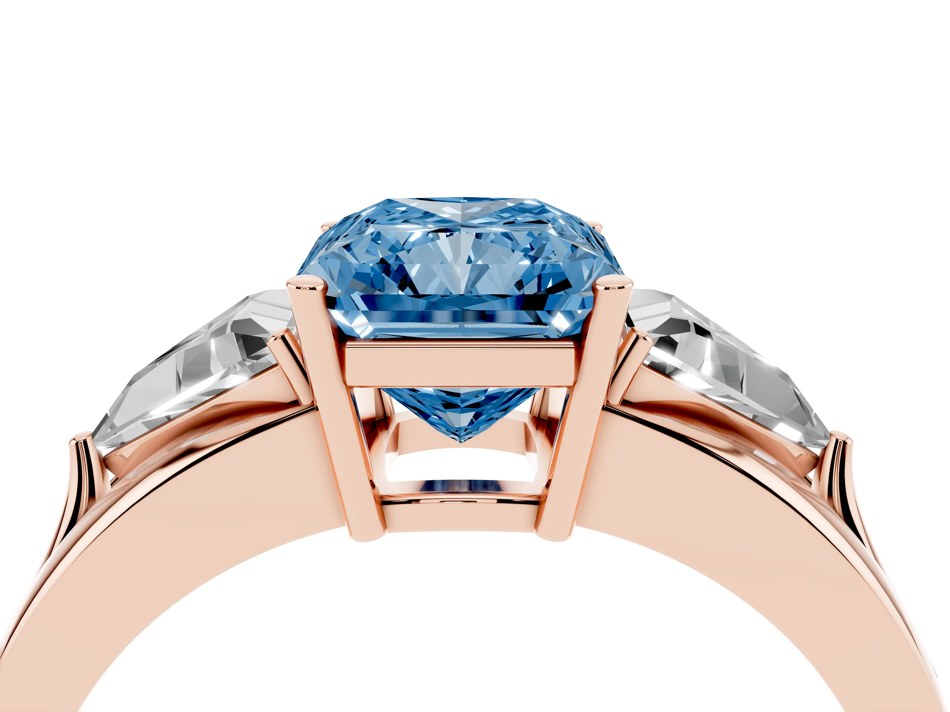 Fancy Blue Radiant Cut Diamond Three-Stone Ring Set in Rose gold with Trillion Side Stones and Split Shank
