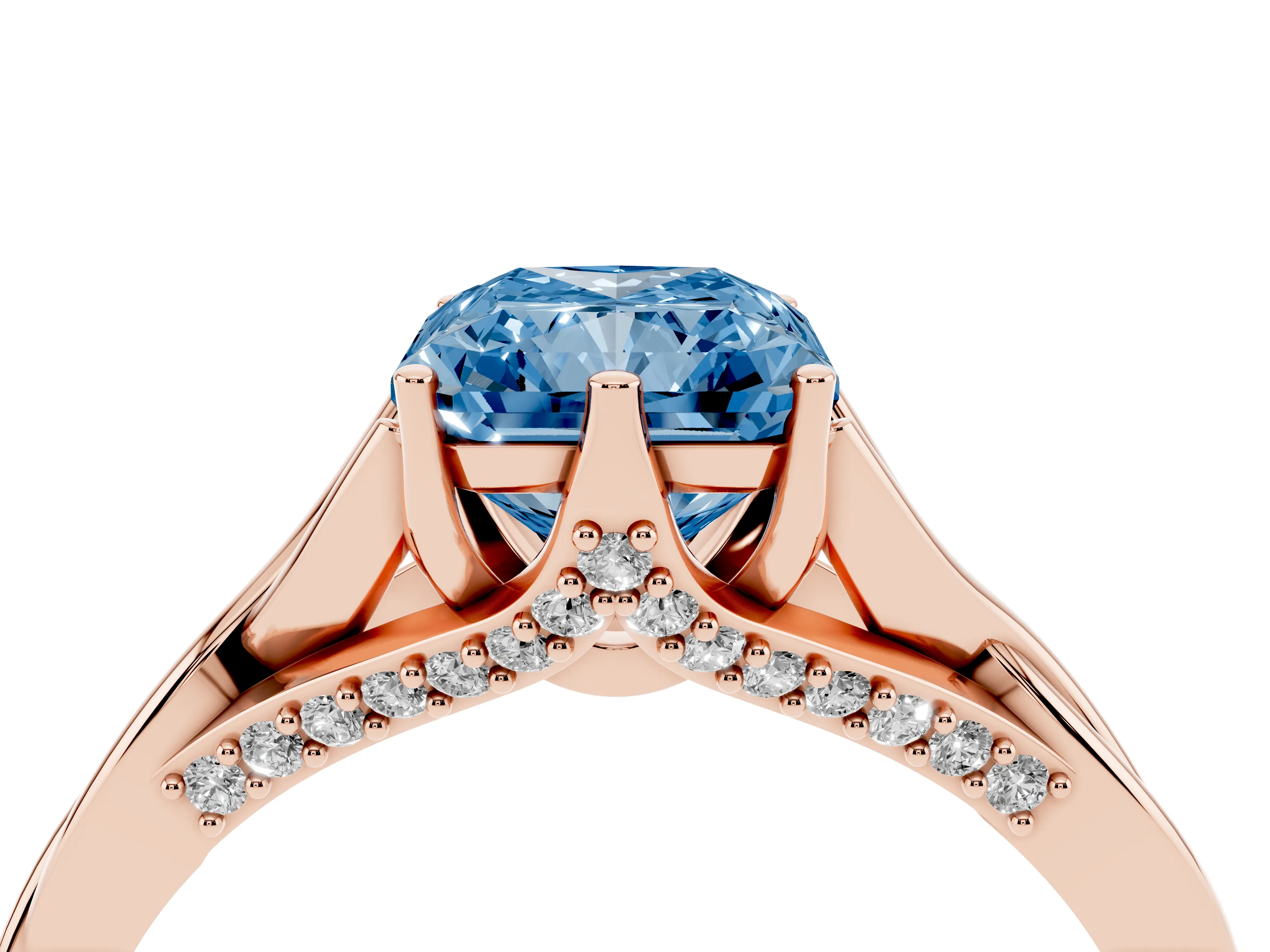 Fancy Blue Radiant Cut Diamond Intertwined Twist Band Solitaire Ring Set in Rose gold with Prong Setting