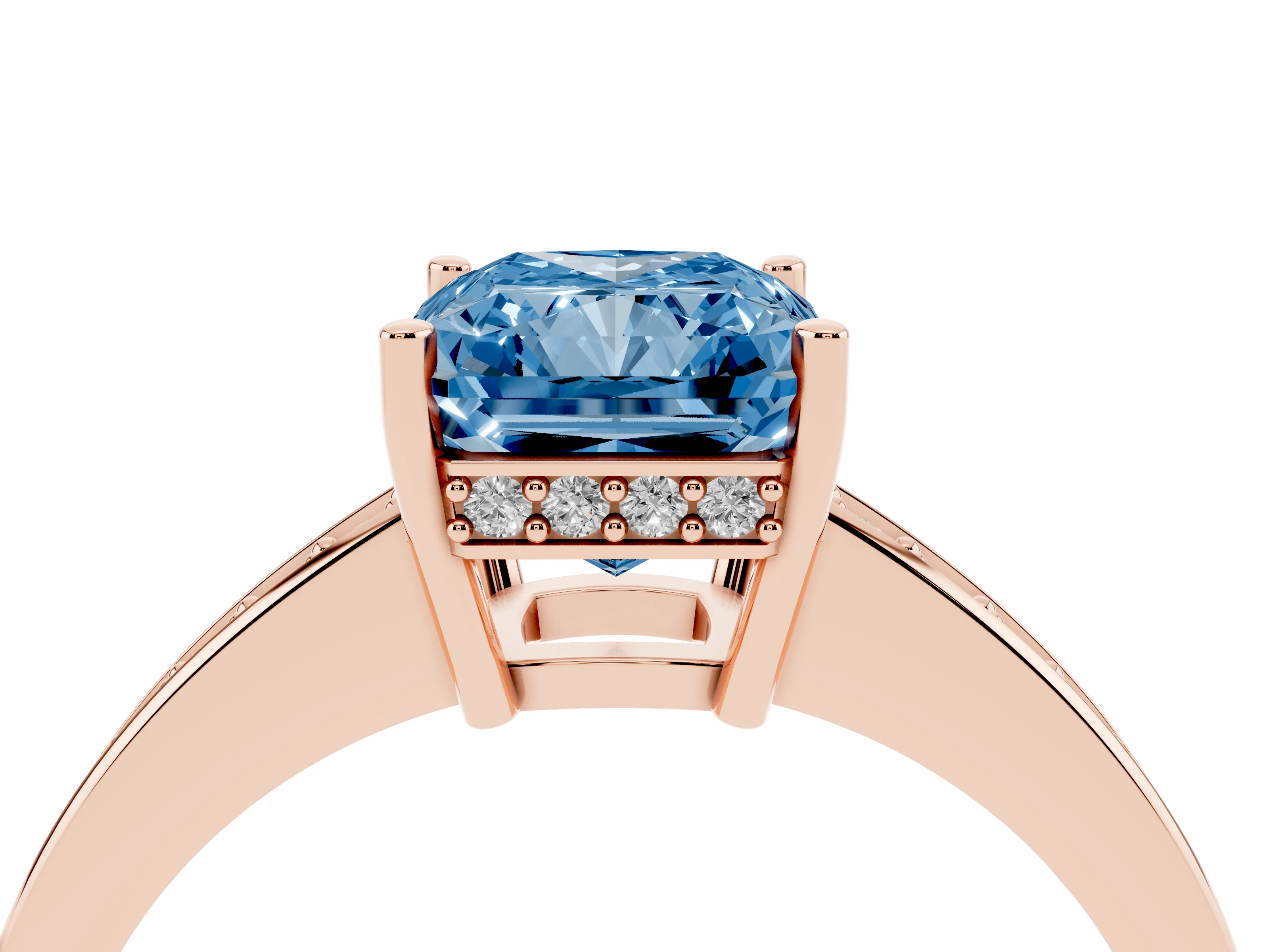 Fancy Blue Radiant Cut Diamond Pavé Band Prong Set Solitaire Ring Set in Rose gold