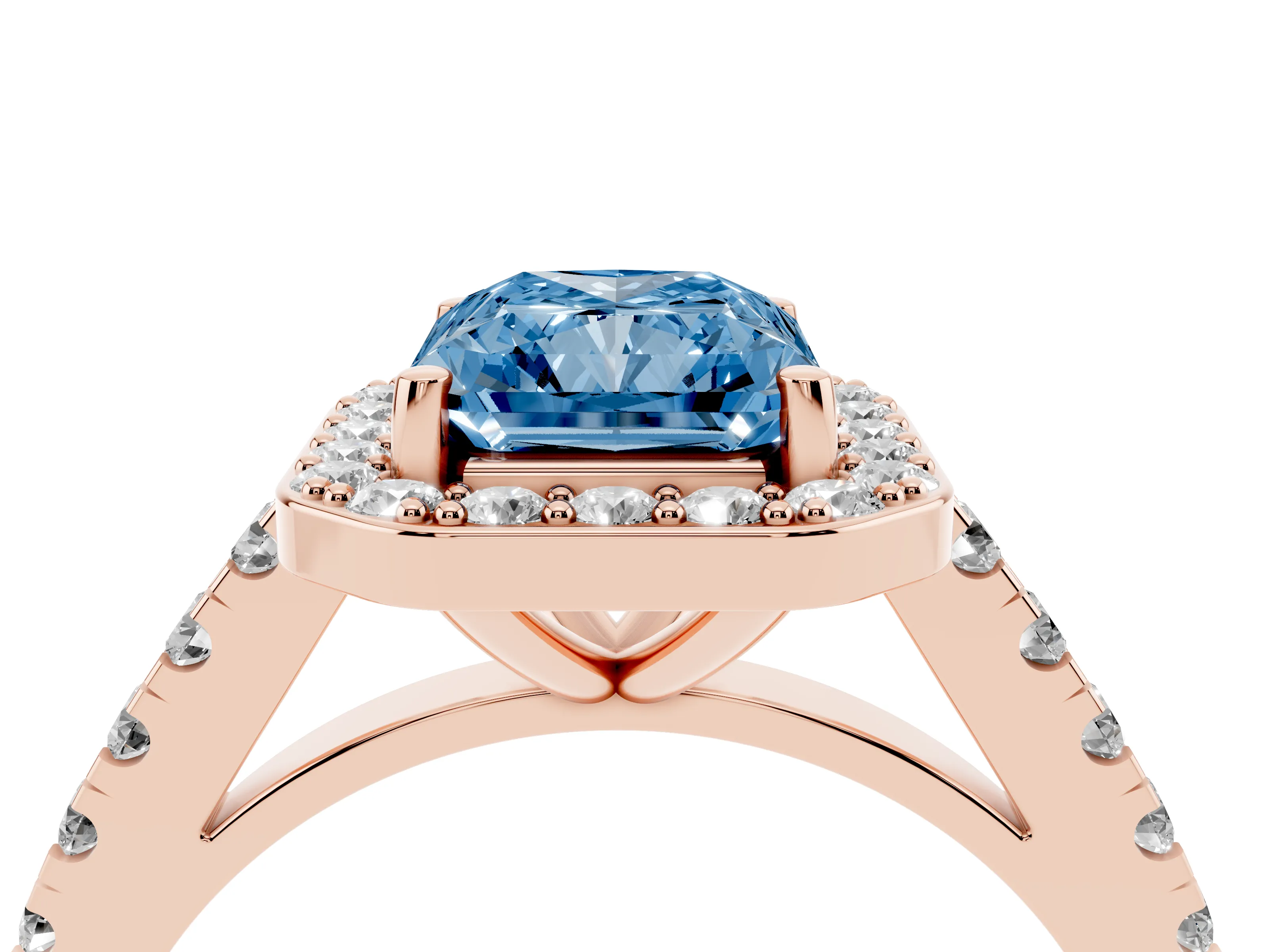 Fancy Blue Radiant Cut Diamond Halo Ring Set in Rose gold with Round Pavé Split Shank and Prong Setting