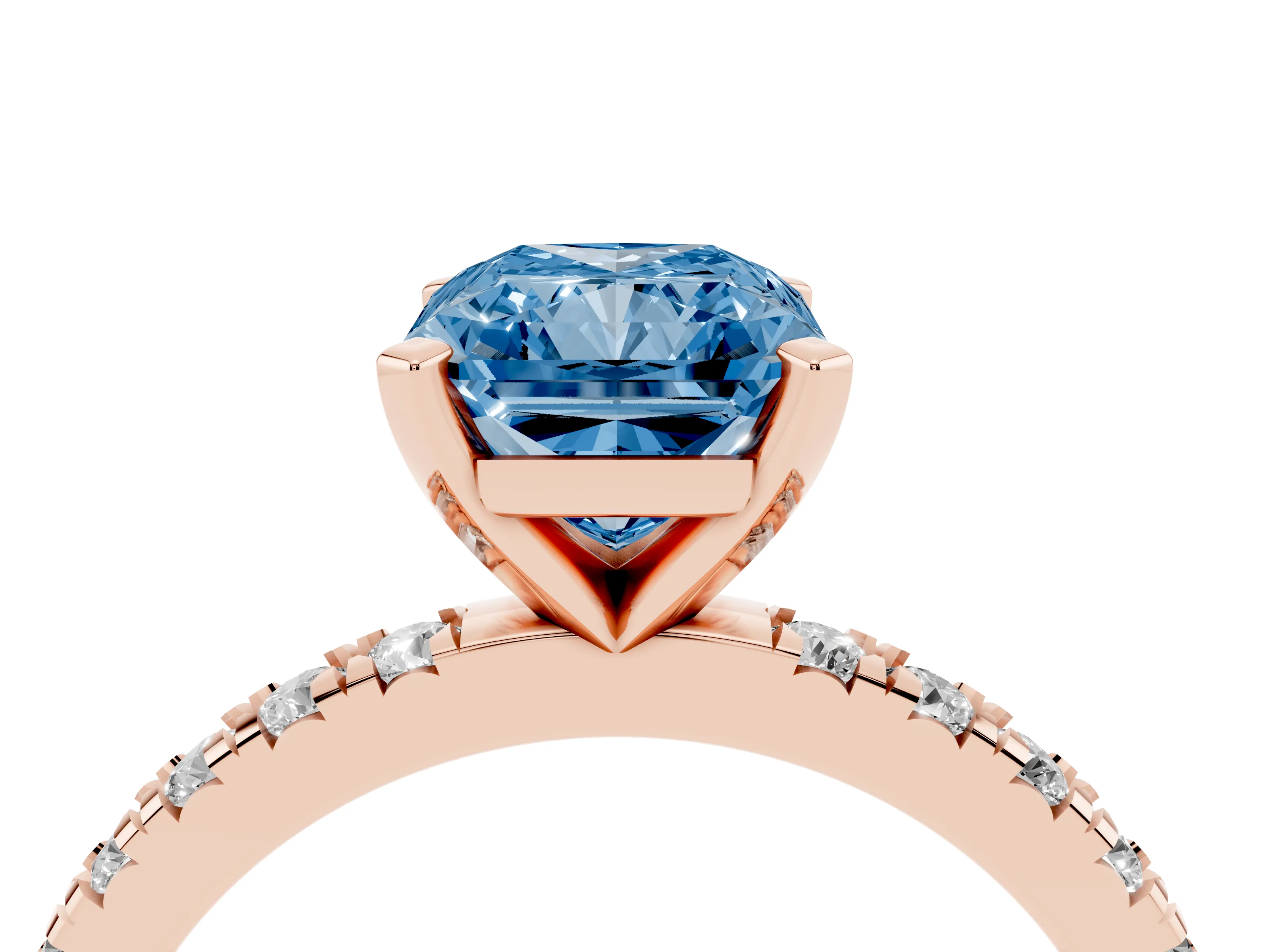 Fancy Blue Radiant Cut Diamond Pavé Band Solitaire Set in Rose gold with Prong Setting