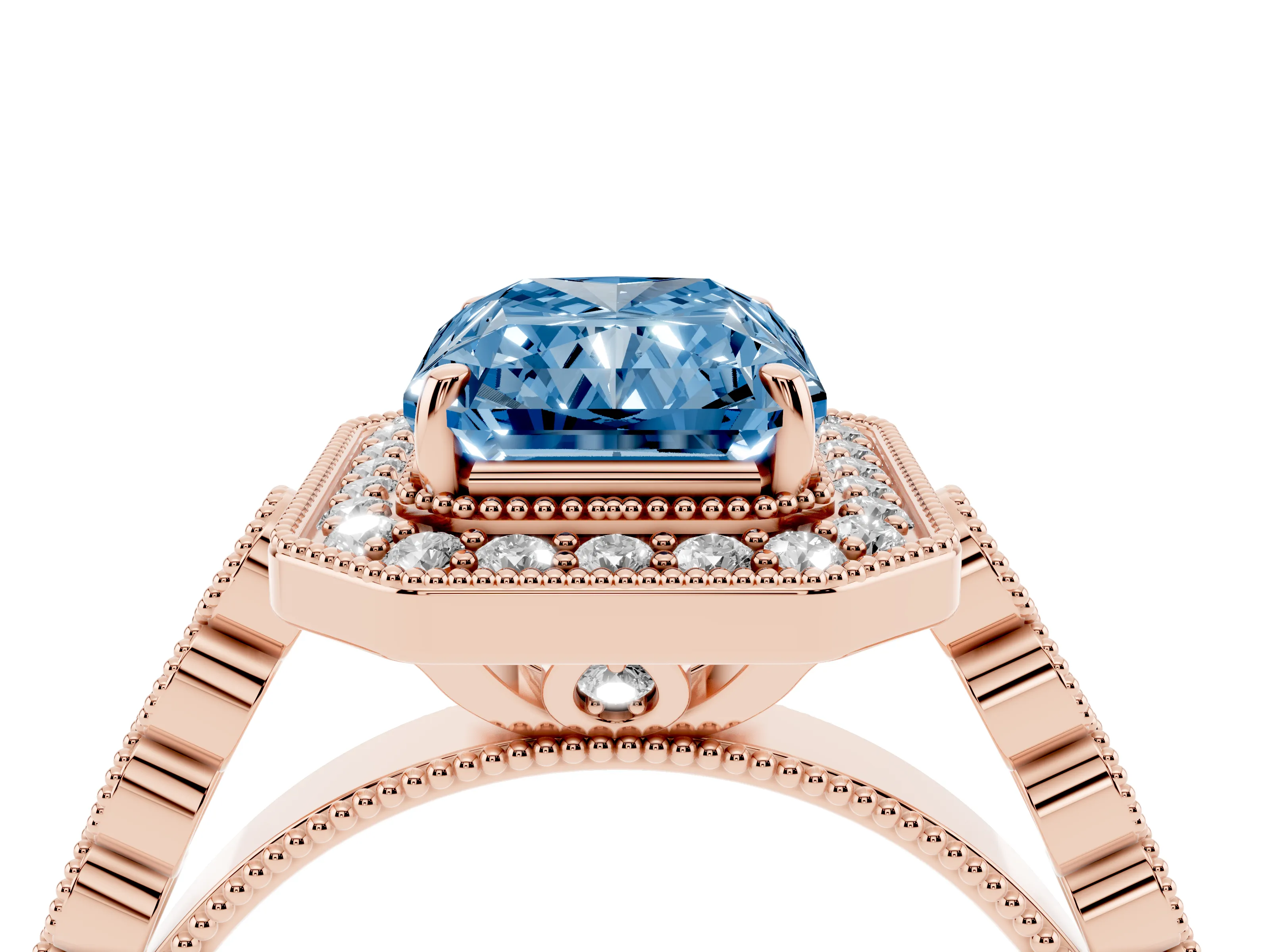 Fancy Blue Radiant Cut Diamond Milgrain Halo Solitaire Ring Set in Rose gold with Bezel Set Side Stones and Pavé Band