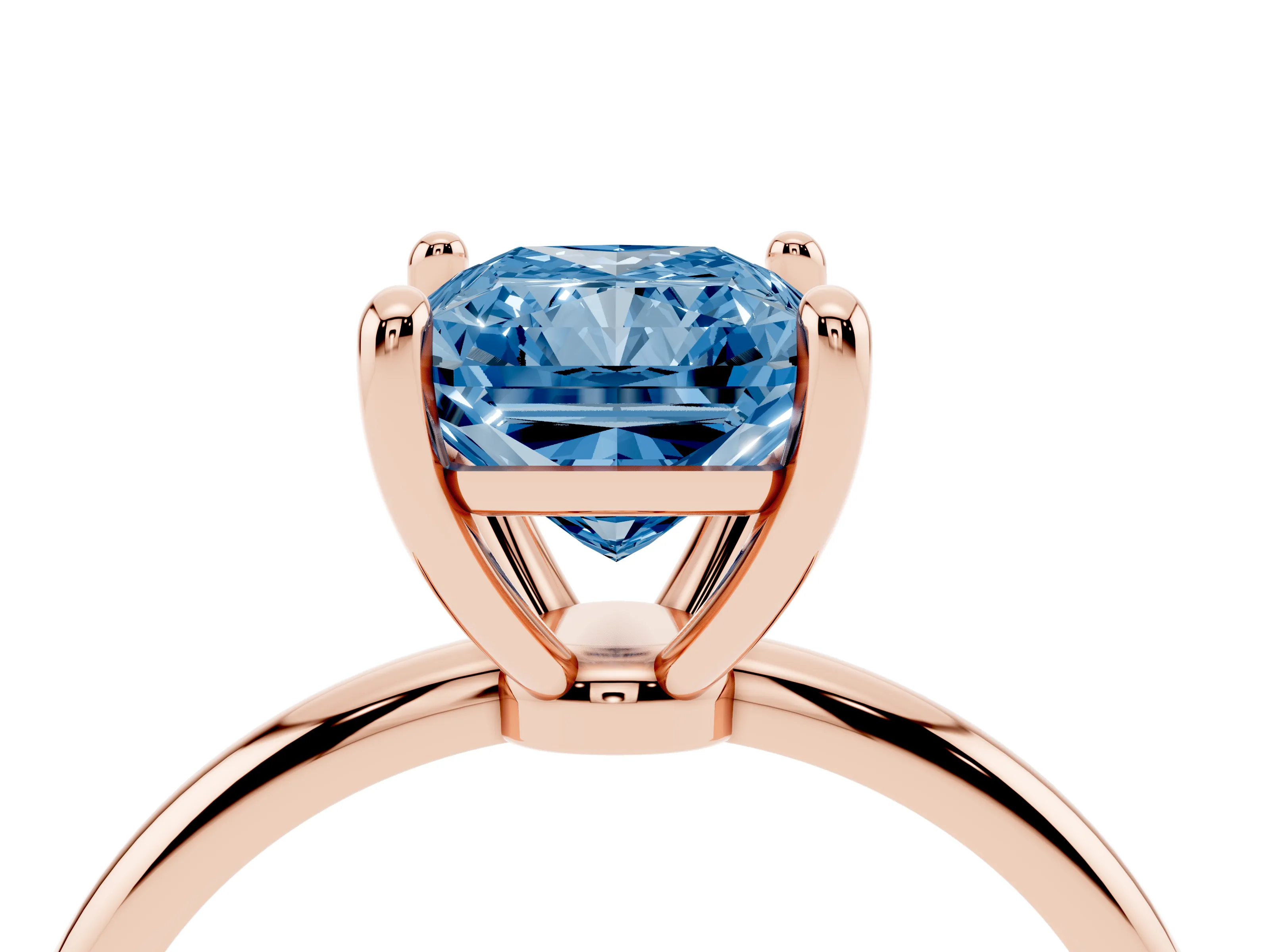 Fancy Blue Radiant Cut Diamond Solitaire Ring Set in Rose gold with Secure Prong Setting on a Classic Band