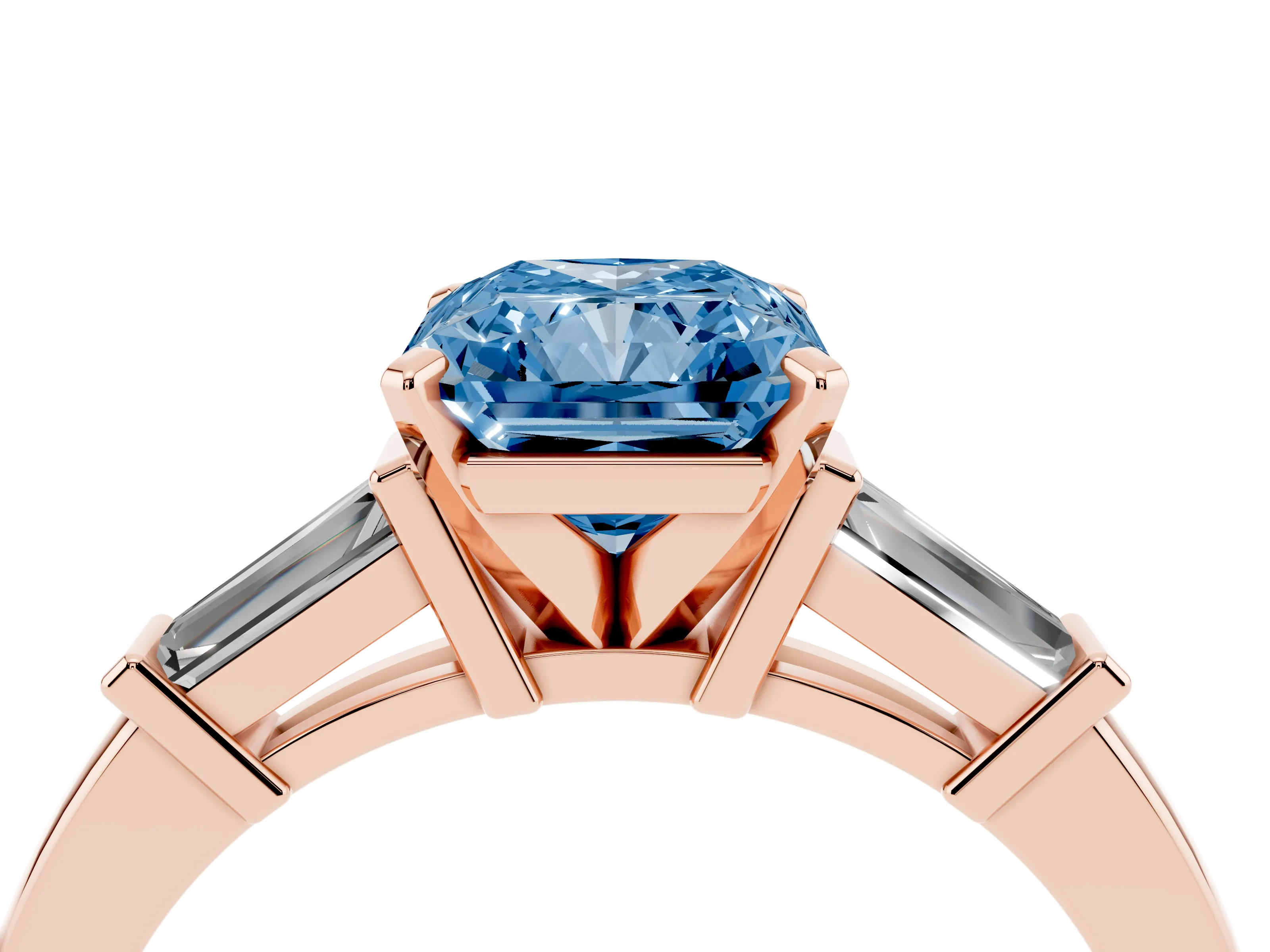 Fancy Blue Radiant Cut Diamond Solitaire Ring Set in Rose gold with Tapered Baguette Accents and Prong Setting