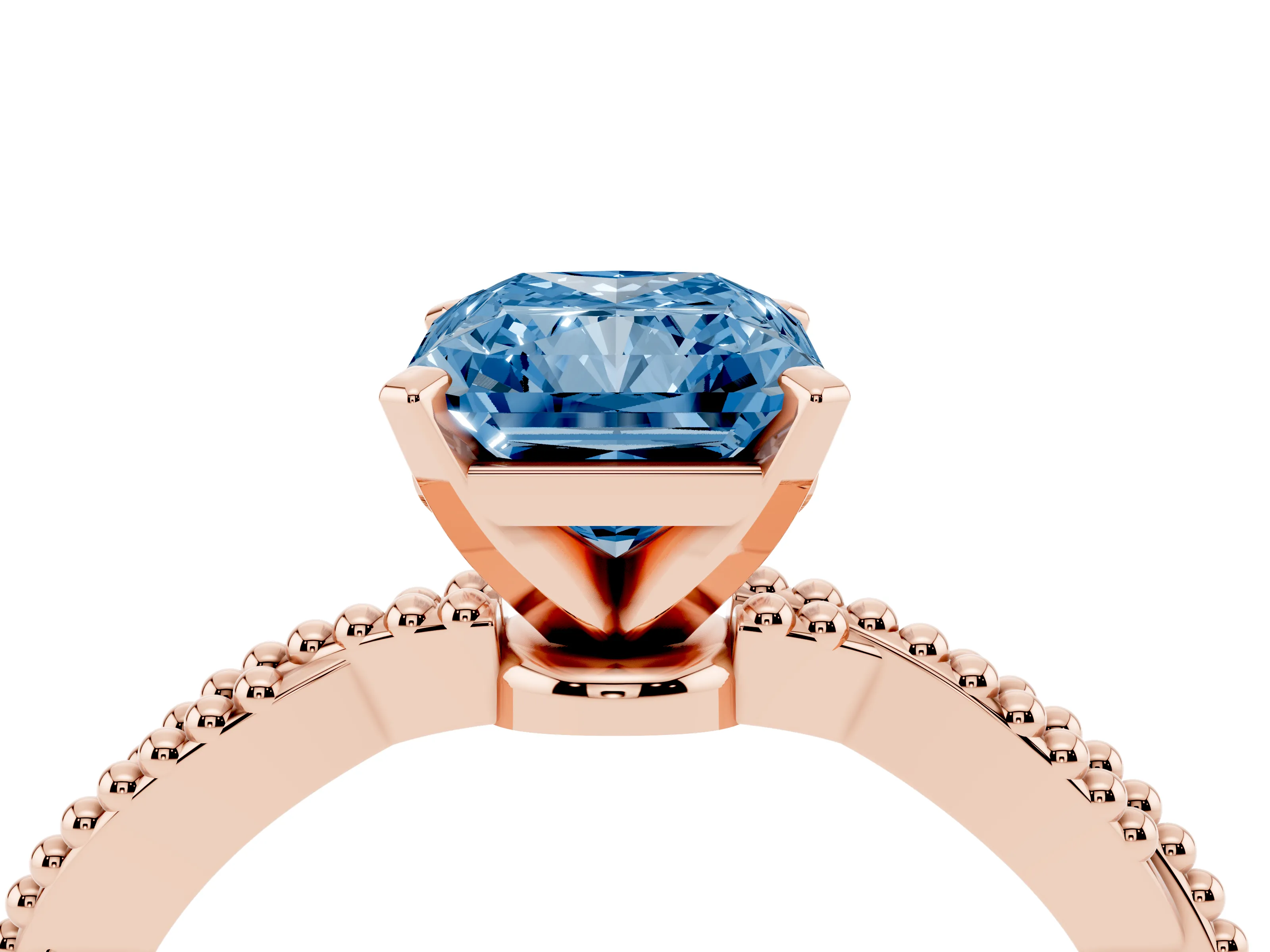 Fancy Blue Radiant Cut Diamond Solitaire Ring Set in Rose gold with Twisted Band and Bead Prong Setting