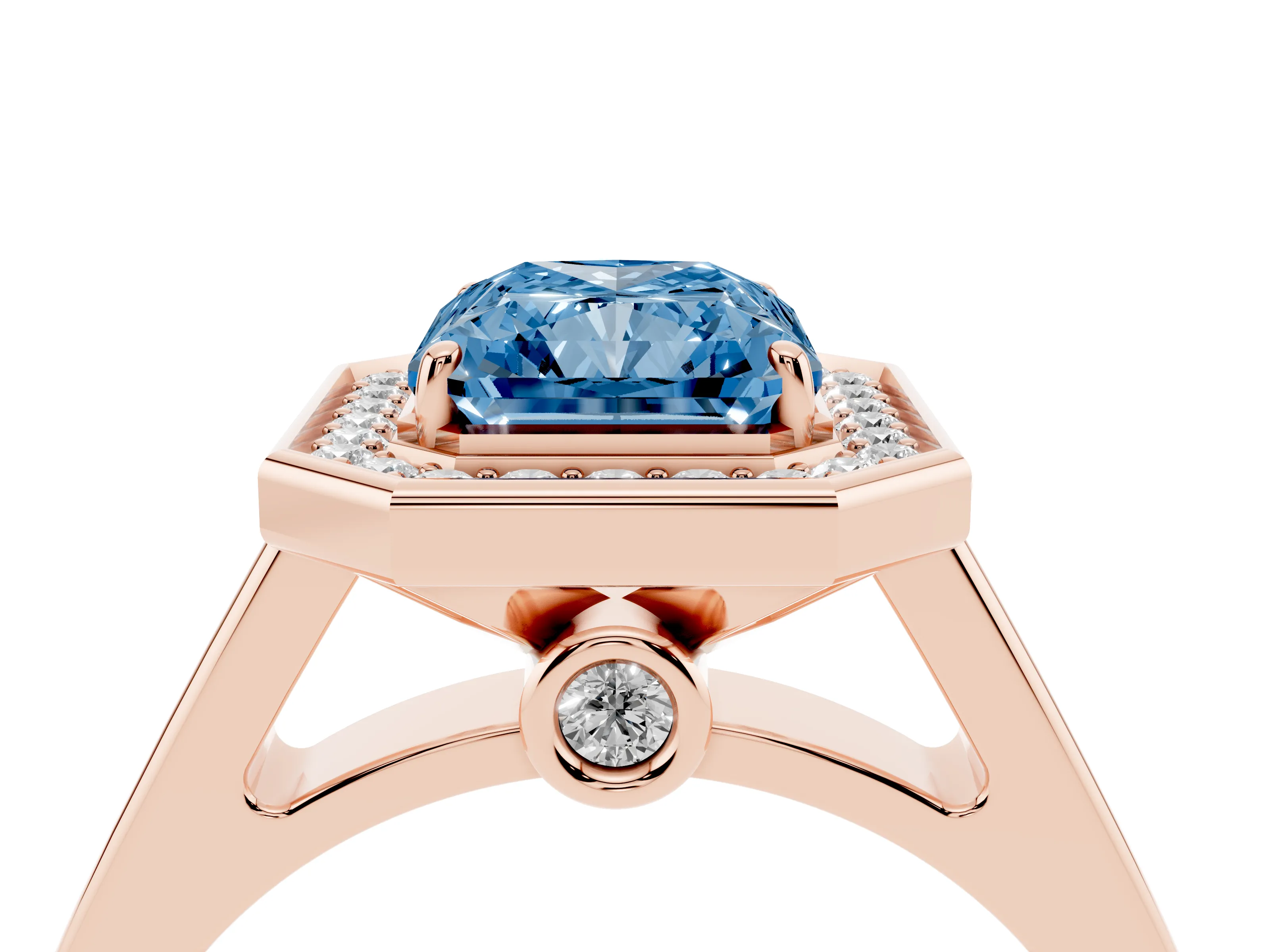 Fancy Blue Radiant Cut Diamond Halo Solitaire Ring Set in Rose gold with Pavé Band and Bezel Setting