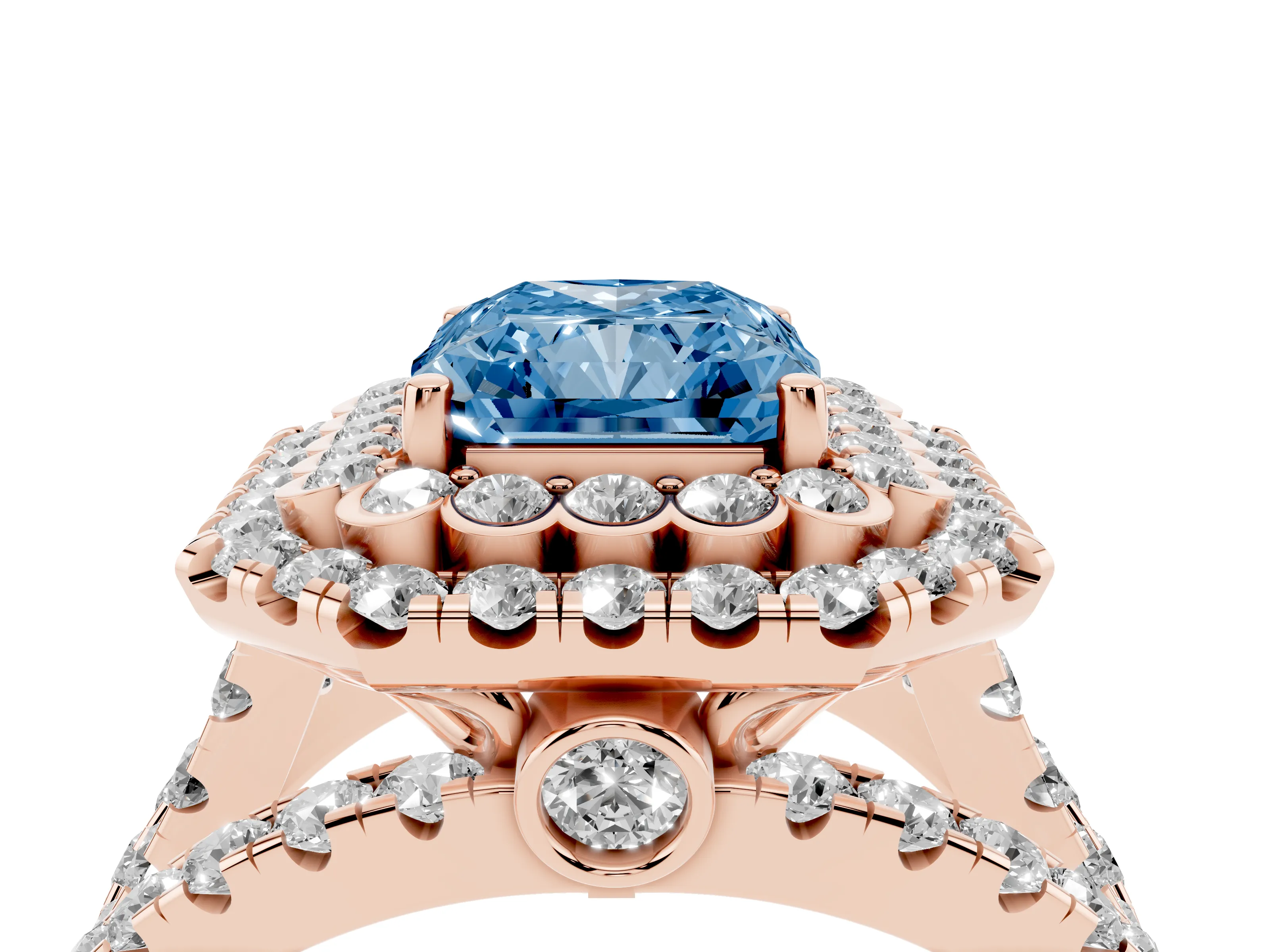 Fancy Blue Radiant Cut Diamond Double Halo Ring Set in Rose gold with Round Pavé Split Shank