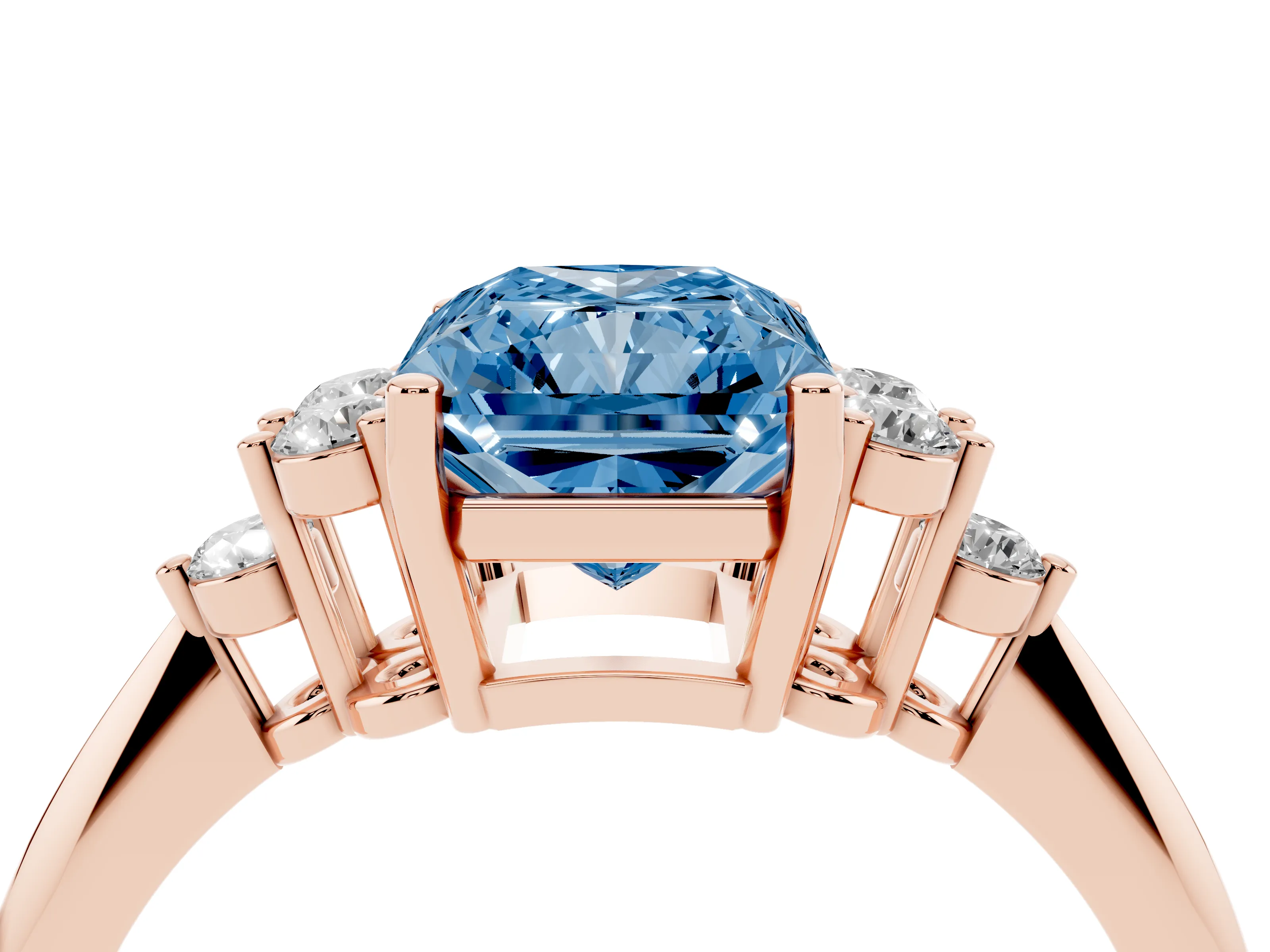 Fancy Blue Radiant Cut Diamond Cluster Ring Set in Rose gold with Plain Band and Prong Setting