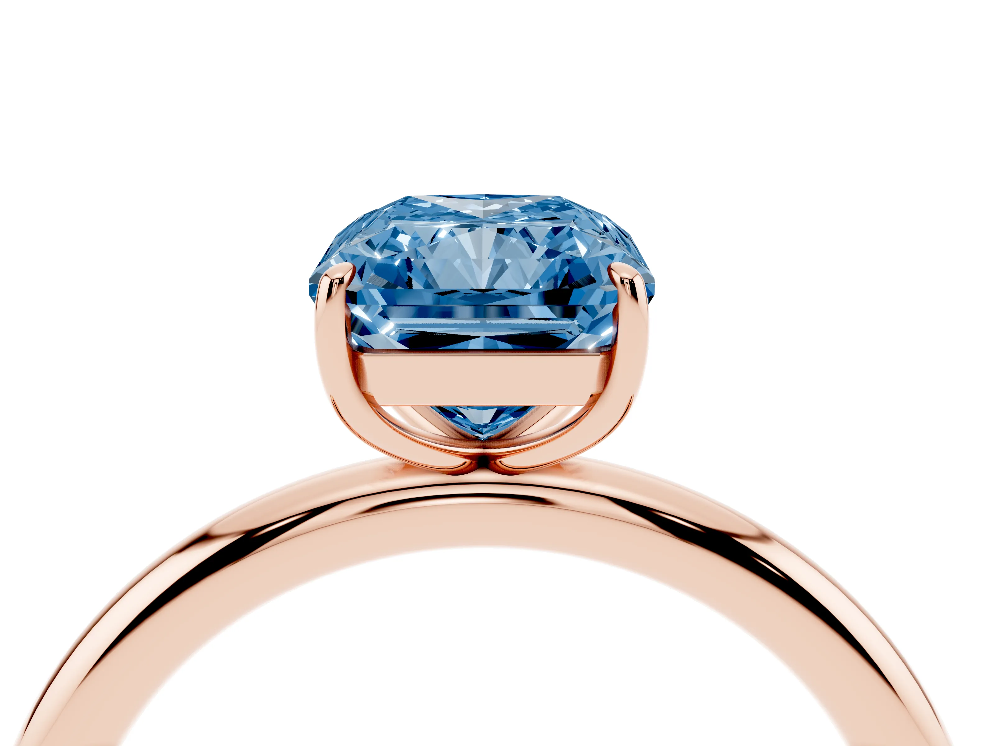 Fancy Blue Radiant Cut Diamond Solitaire Ring Set in Rose gold with Prong Setting on a Polished Plain Band
