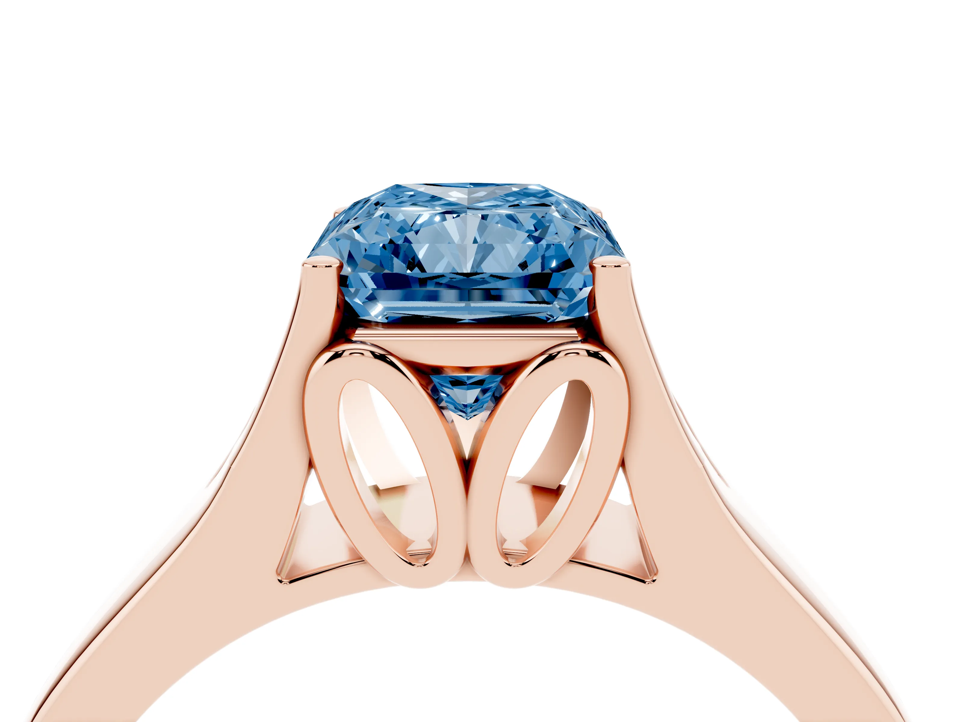 Fancy Blue Radiant Cut Diamond Solitaire Ring Set in Rose gold with Arched Cathedral Band and Prong Setting