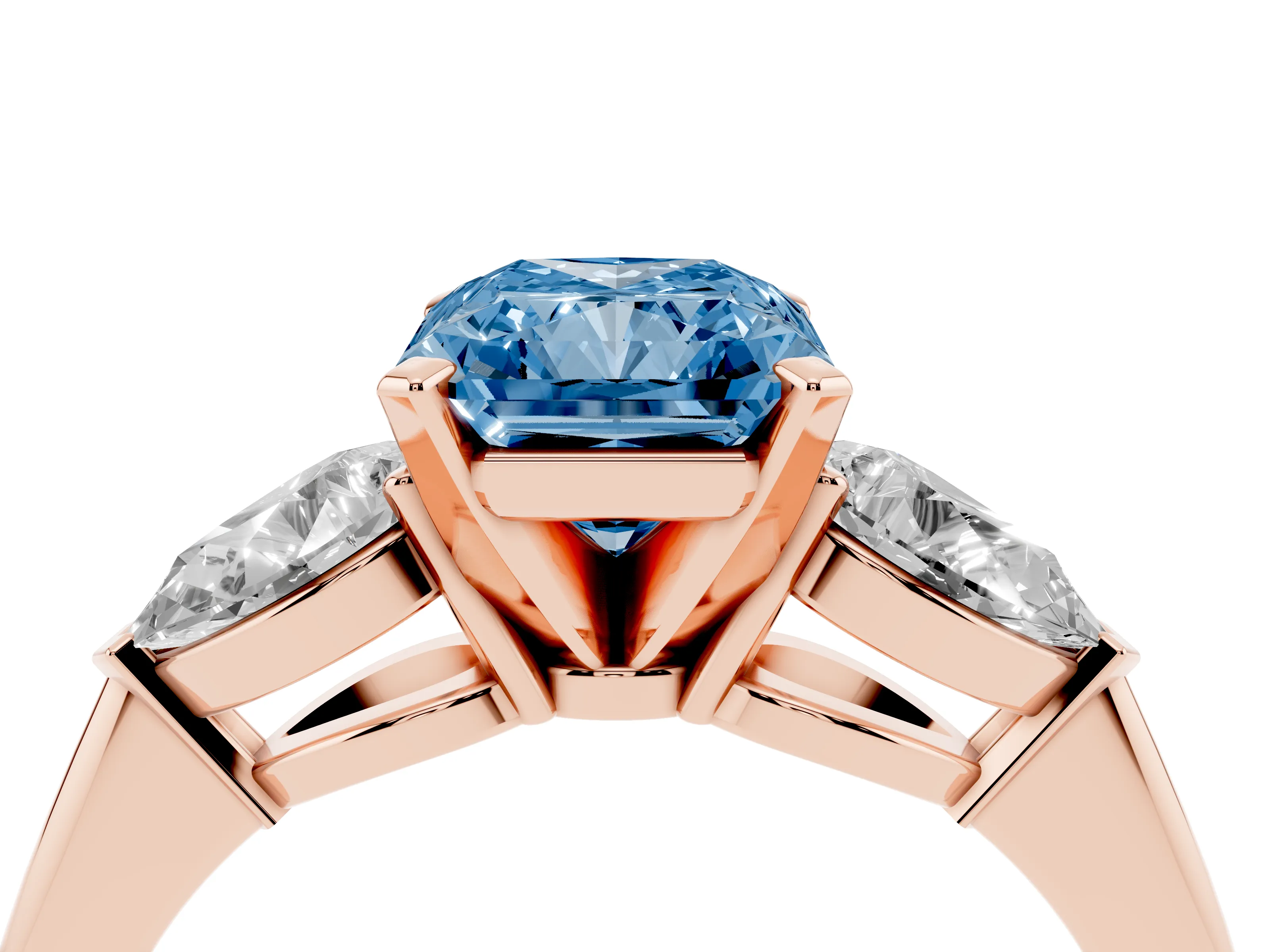 Fancy Blue Three-Stone Radiant Cut Diamond Ring Set in Rose gold with Pear Side Stones and Prong Setting