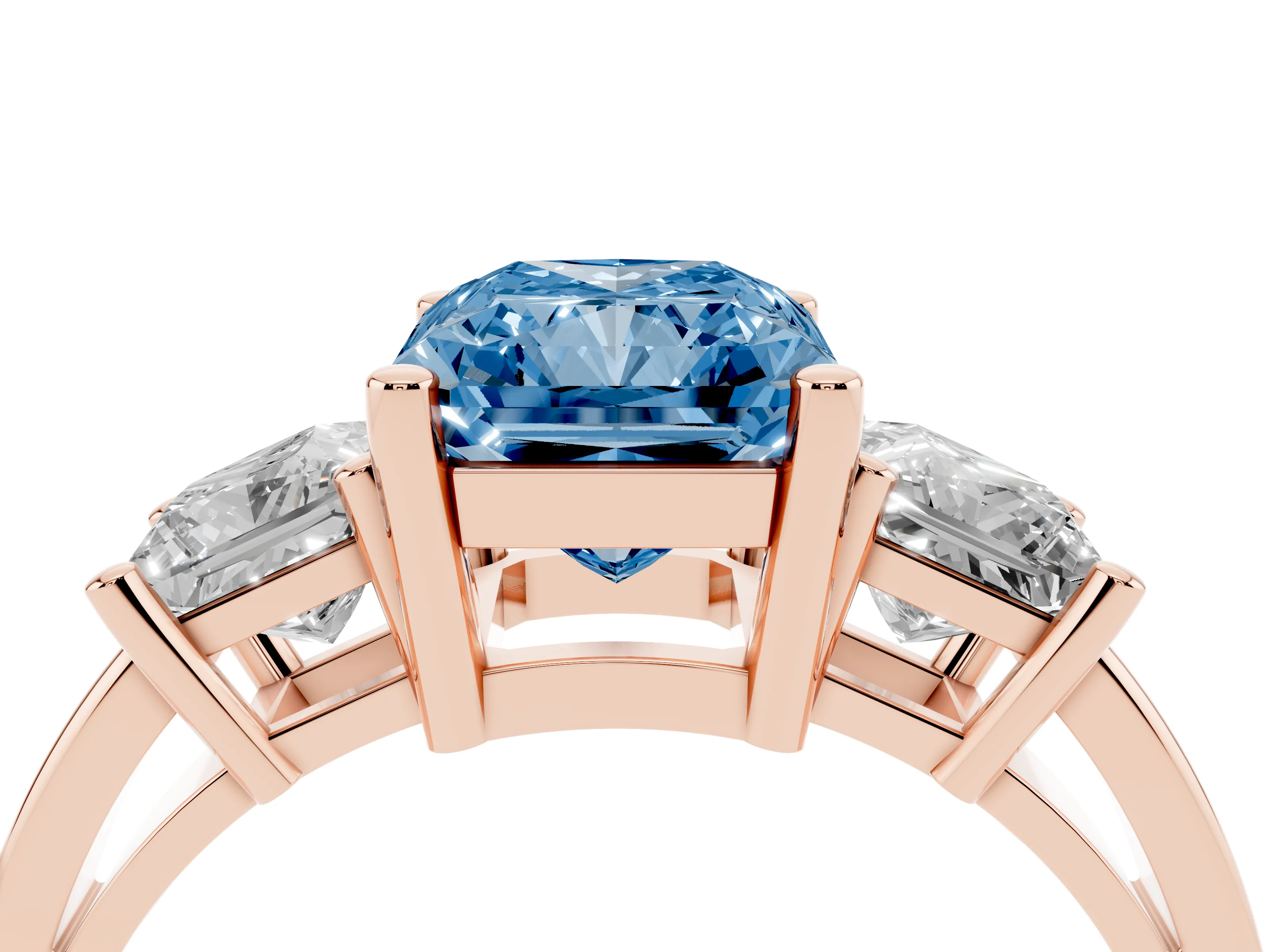 Fancy Blue Three-Stone Radiant Cut Diamond Solitaire Ring Set in Rose gold with Prong Setting