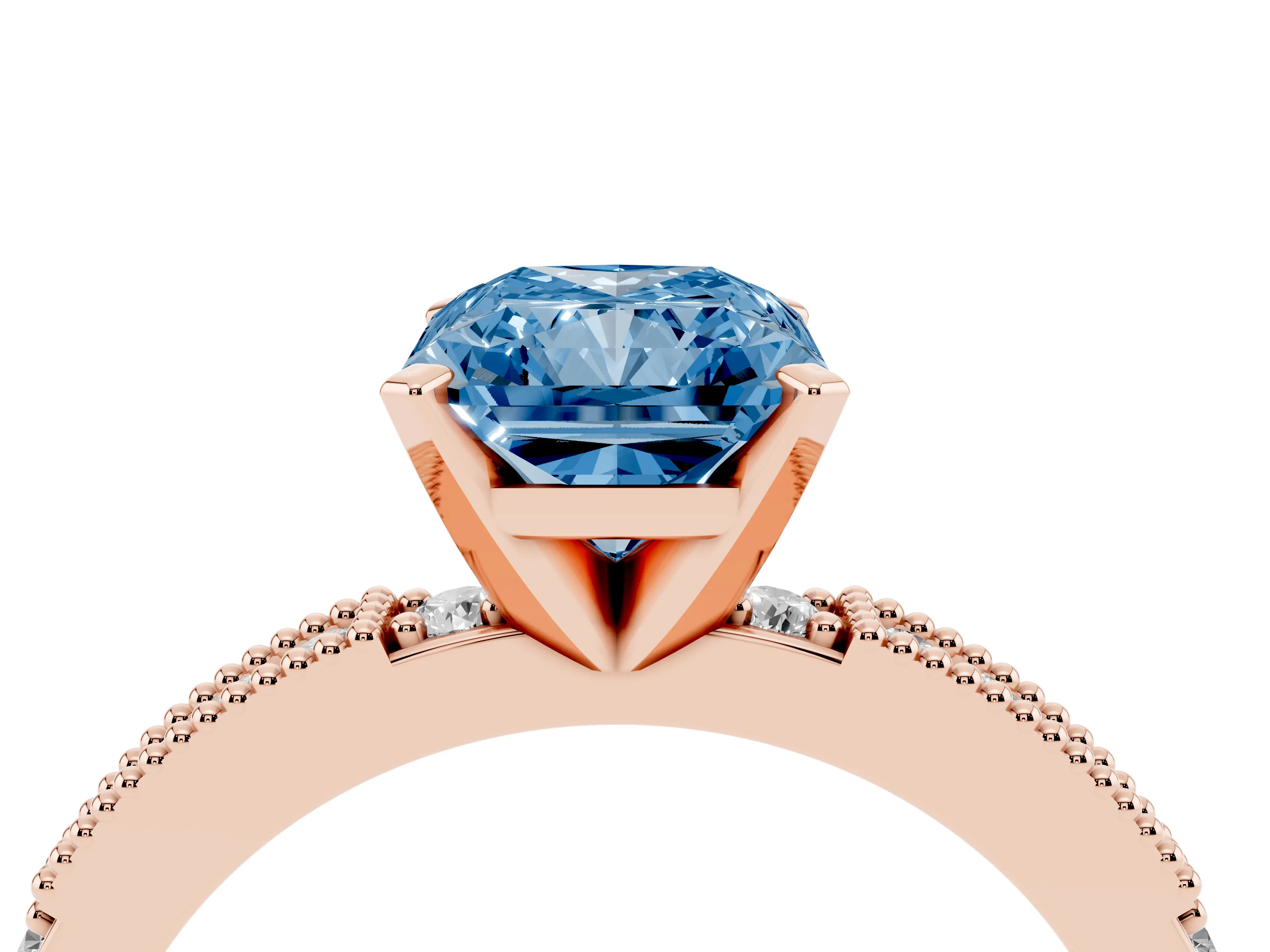 Fancy Blue Radiant Cut Diamond Solitaire Ring Set in Rose gold with Slim Pavé Band and Prong Setting