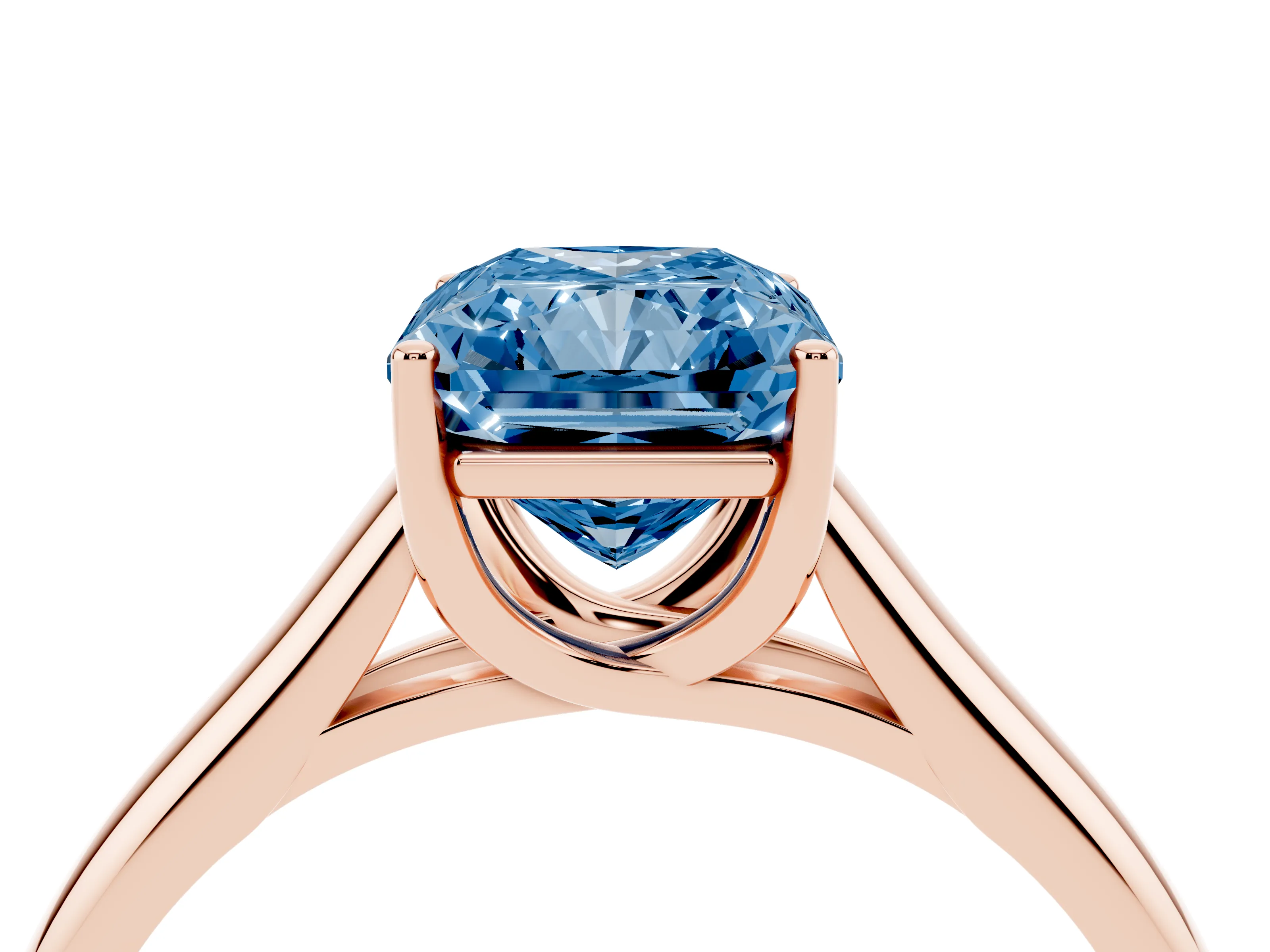 Fancy Blue Radiant Cut Diamond Solitaire Engagement Ring Set in Rose gold with Subtly Tapered Band and Prong Setting