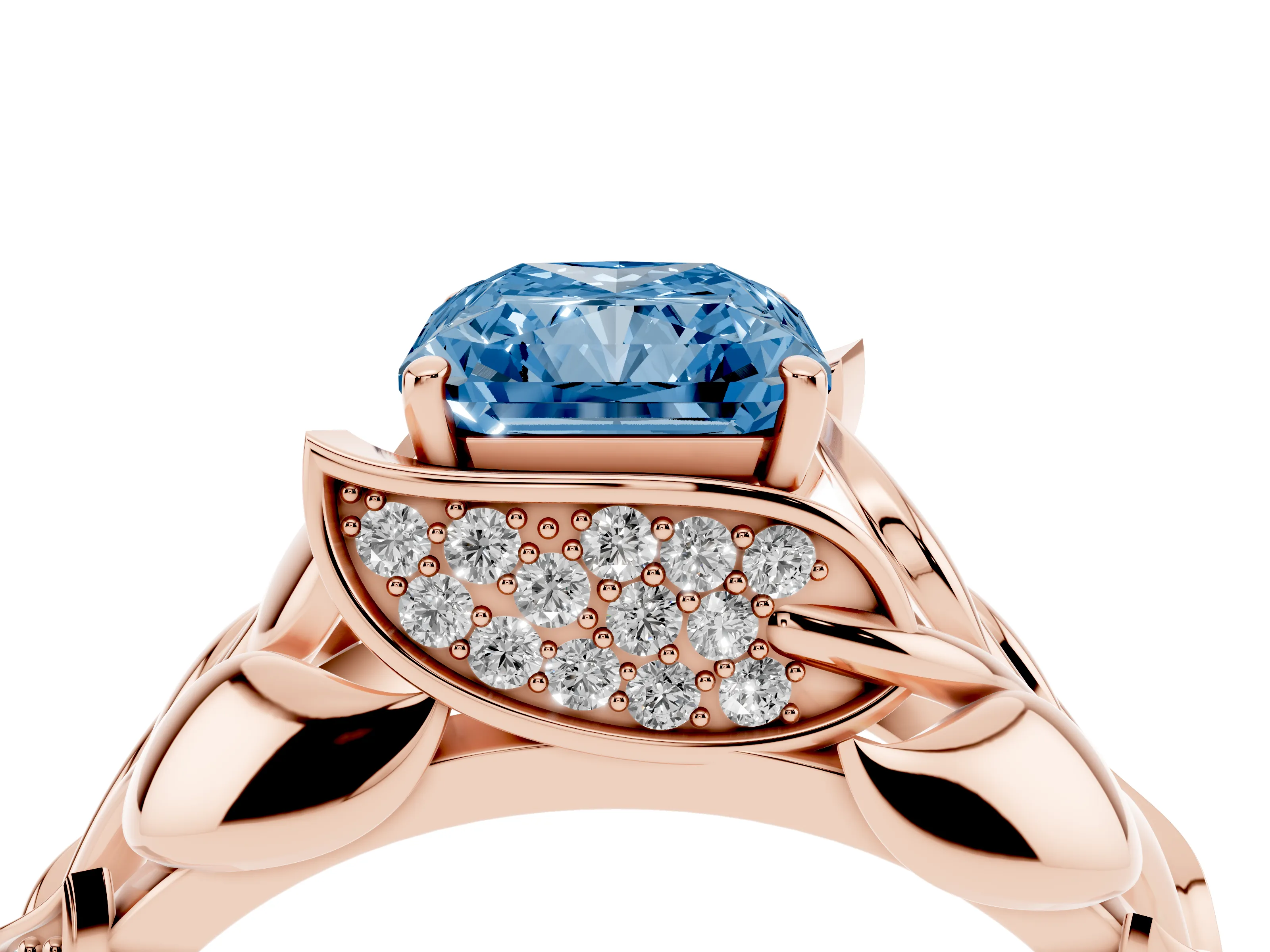 Fancy Blue Radiant Cut Diamond Leaf-Inspired Engagement Ring Set in Rose gold with Round Accents