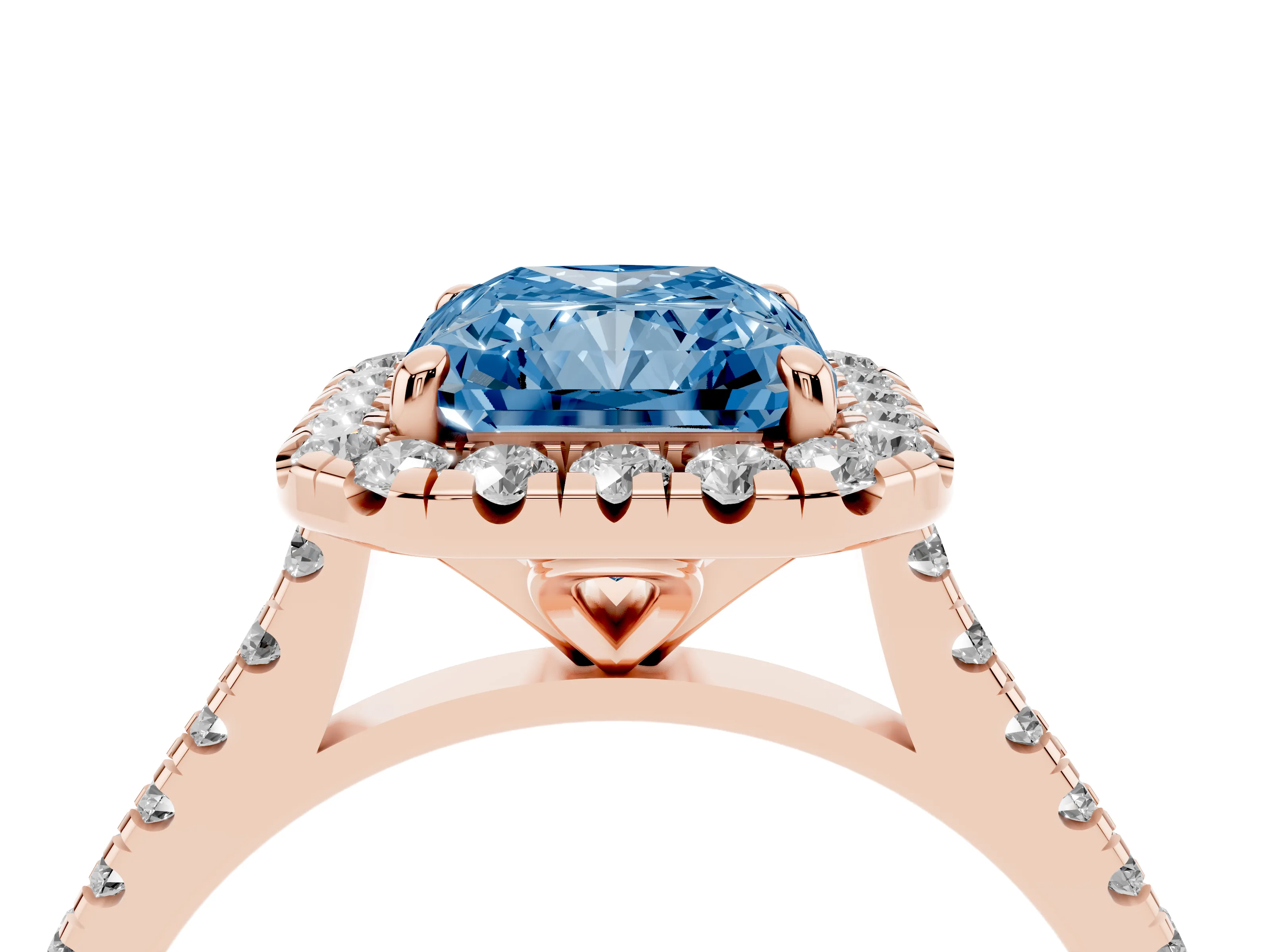 Fancy Blue Radiant Cut Diamond Cushion Halo Ring Set in Rose gold with Pavé Band
