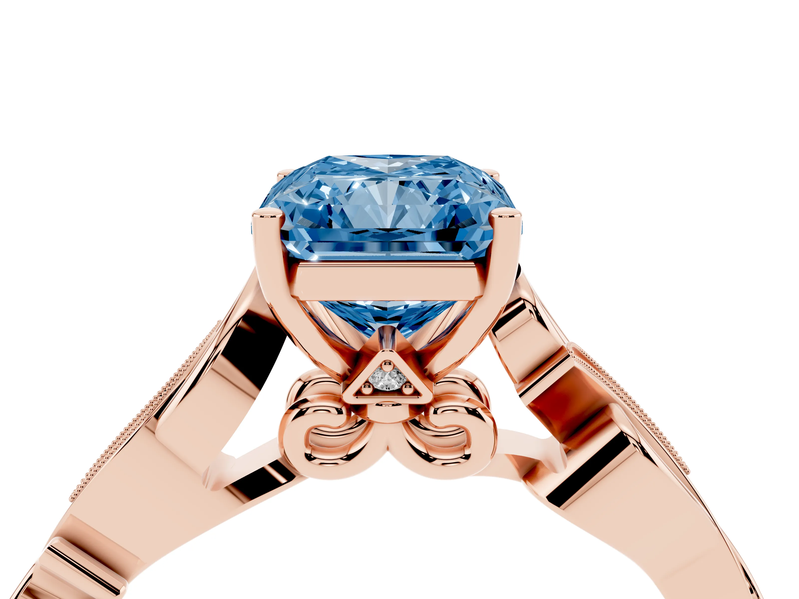Fancy Blue Radiant Cut Diamond Vine Band Solitaire Ring Set in Rose gold with Milgrain Prong Setting