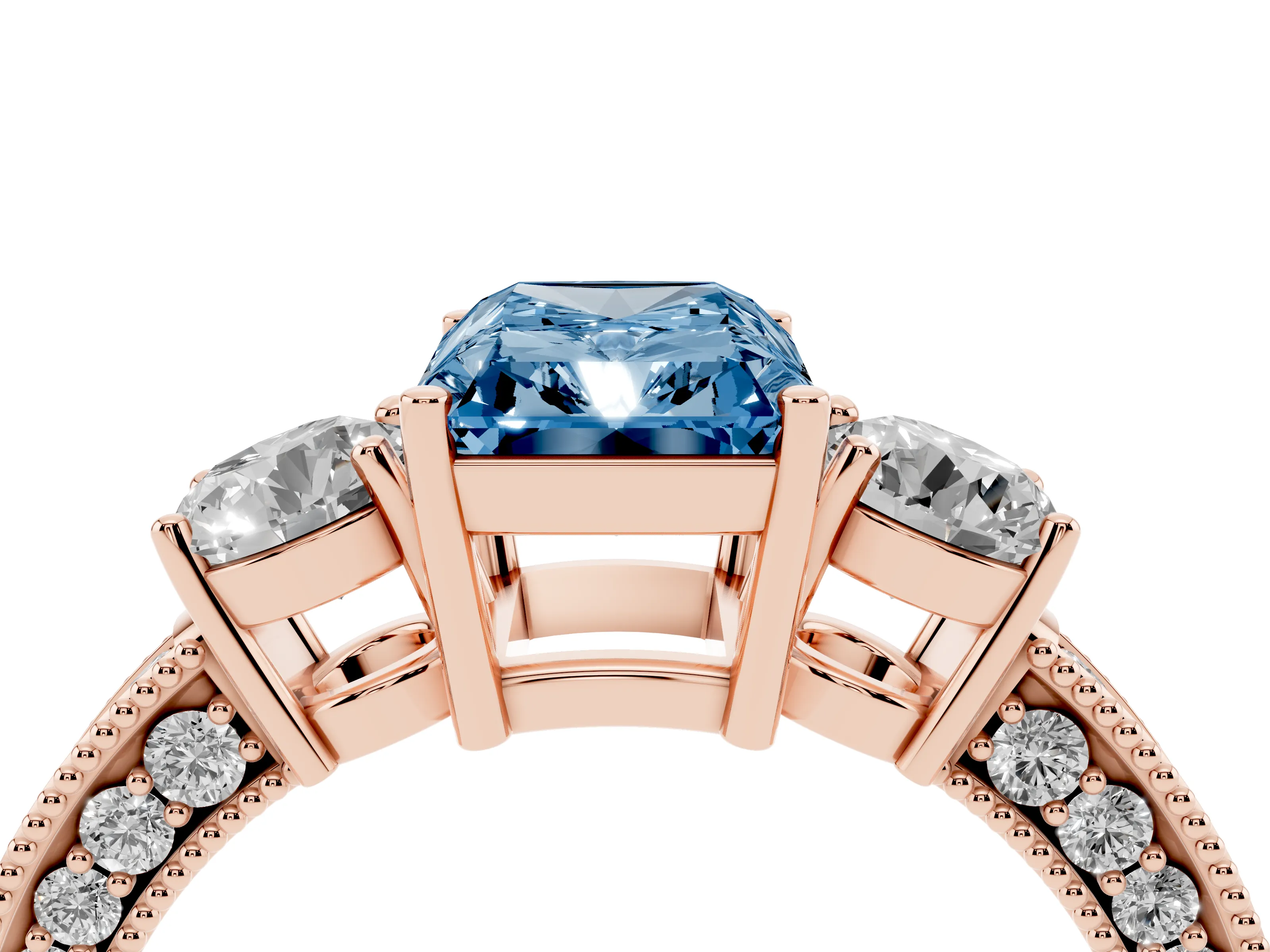Fancy Blue Radiant Cut Diamond Three-Stone Ring Set in Rose gold with Round Side Stones and Pavé Band