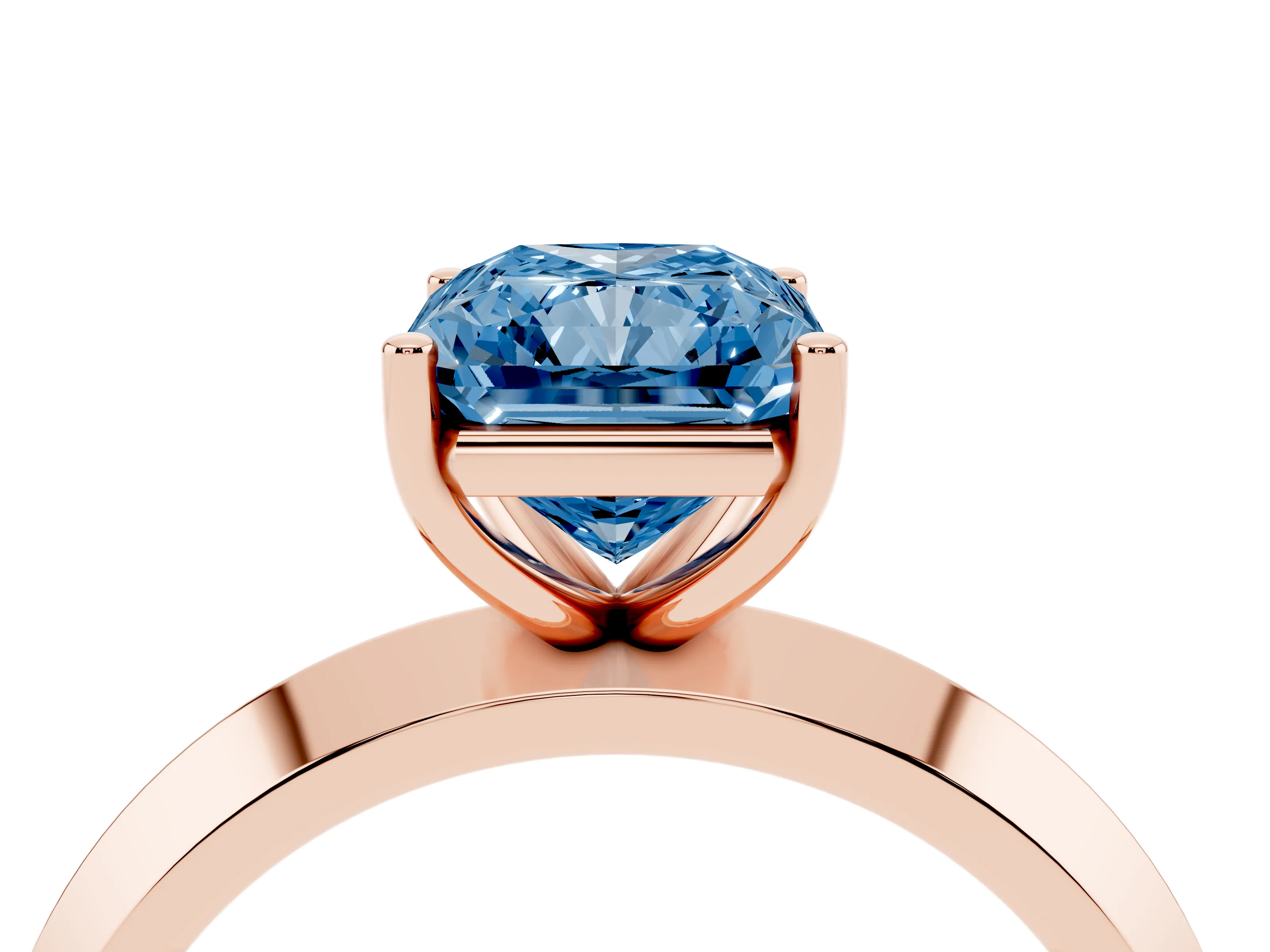 Fancy Blue Radiant Cut Diamond Solitaire Engagement Ring Set in Rose gold with Flat Band and Prong Setting