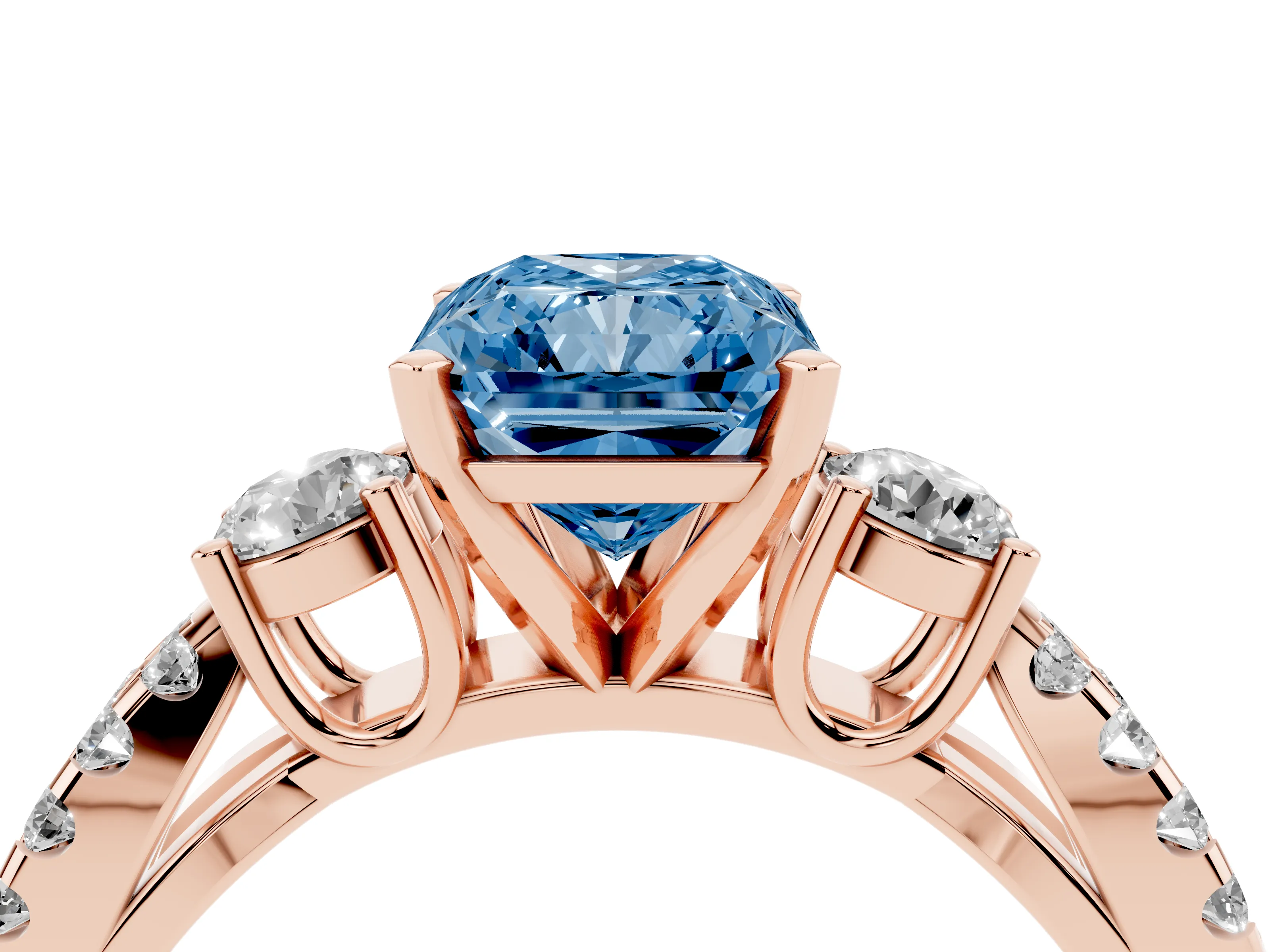 Fancy Blue Radiant Cut Diamond Three-Stone Ring Set in Rose gold with Pavé Split Shank and Prong Setting