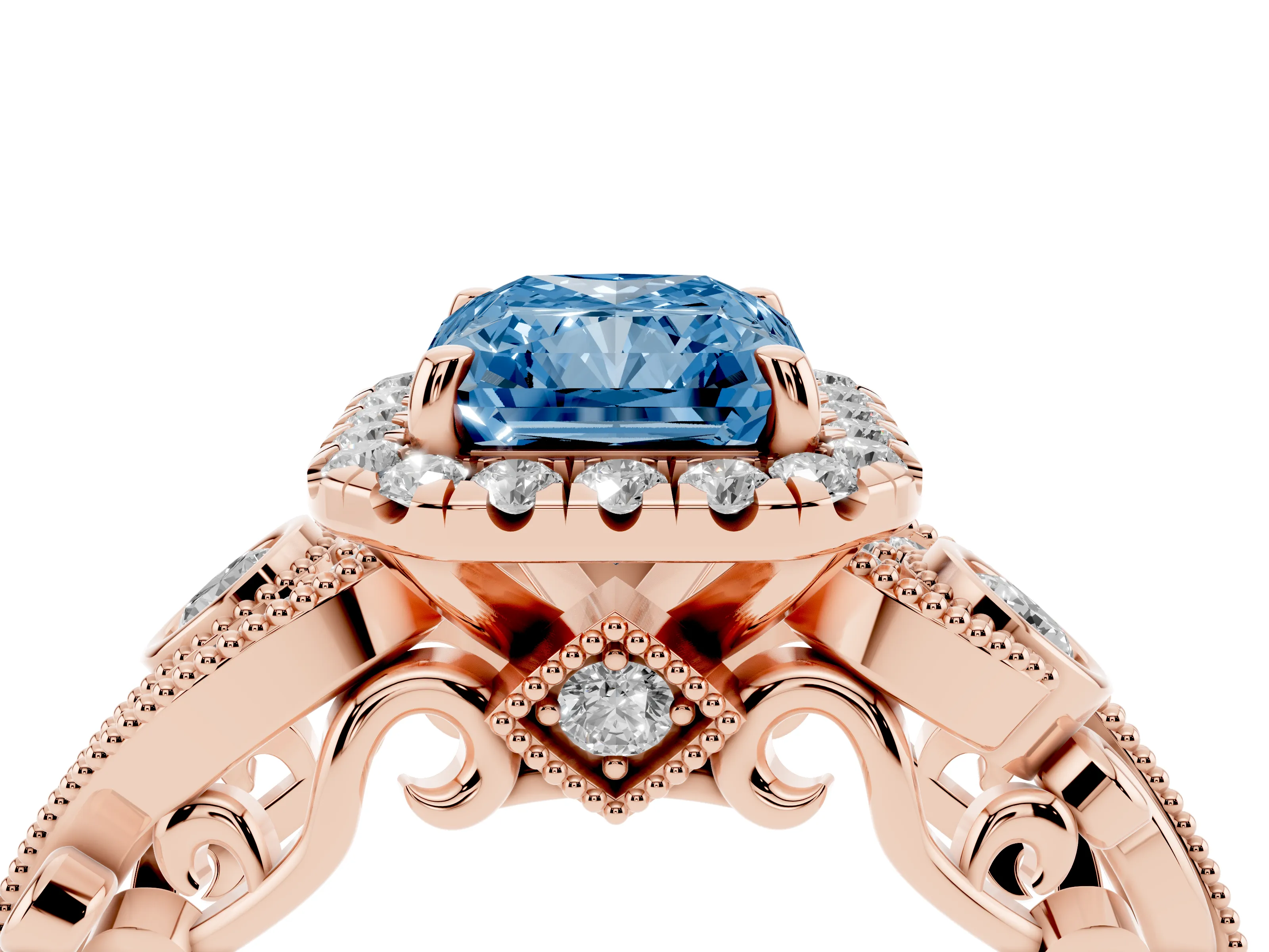 Fancy Blue Radiant Cut Diamond Halo Ring Set in Rose gold with Milgrain Pavé Band and Prong Setting