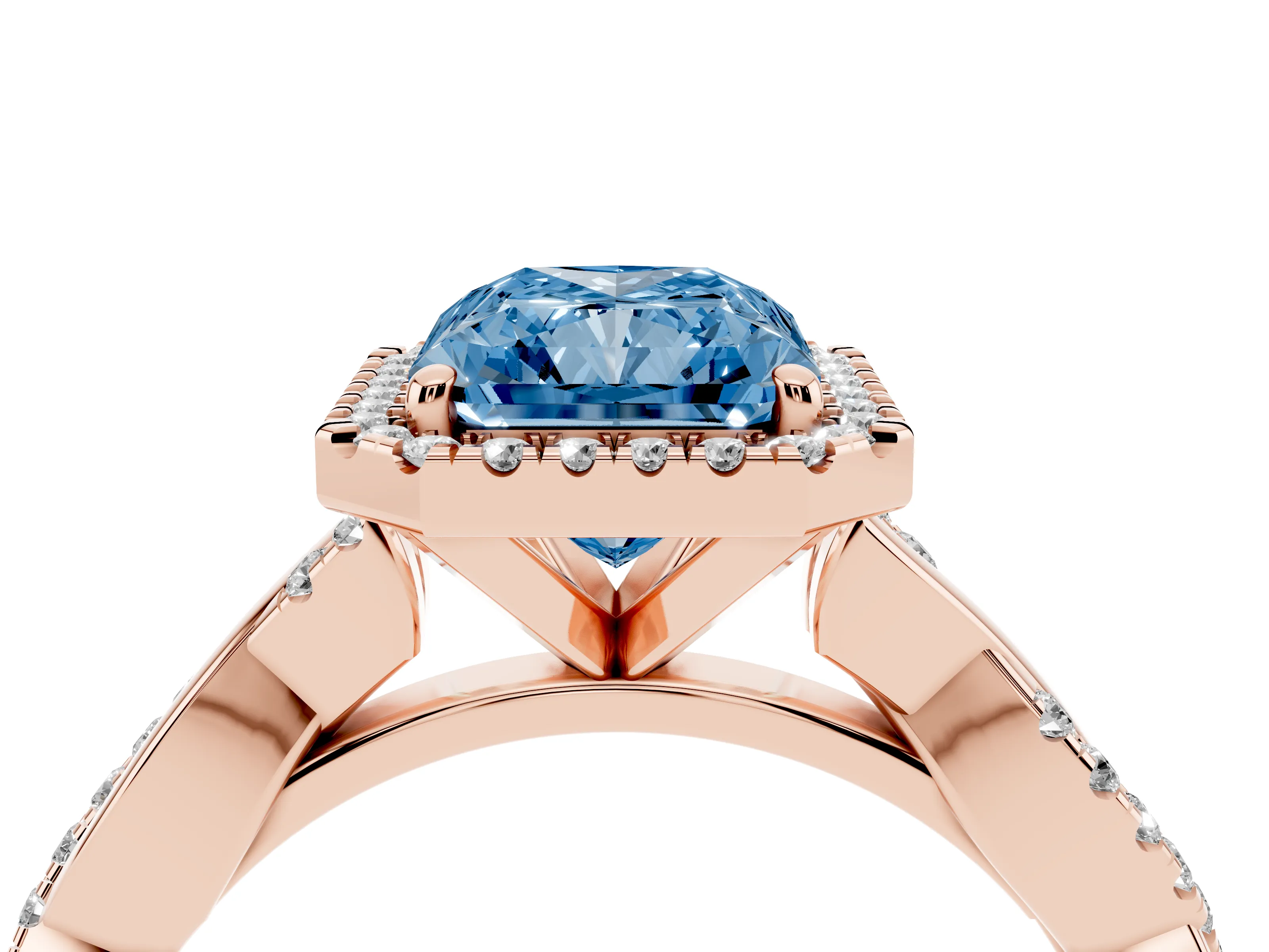 Fancy Blue Radiant Cut Diamond Halo Twisted Band Ring Set in Rose gold with Prong Setting