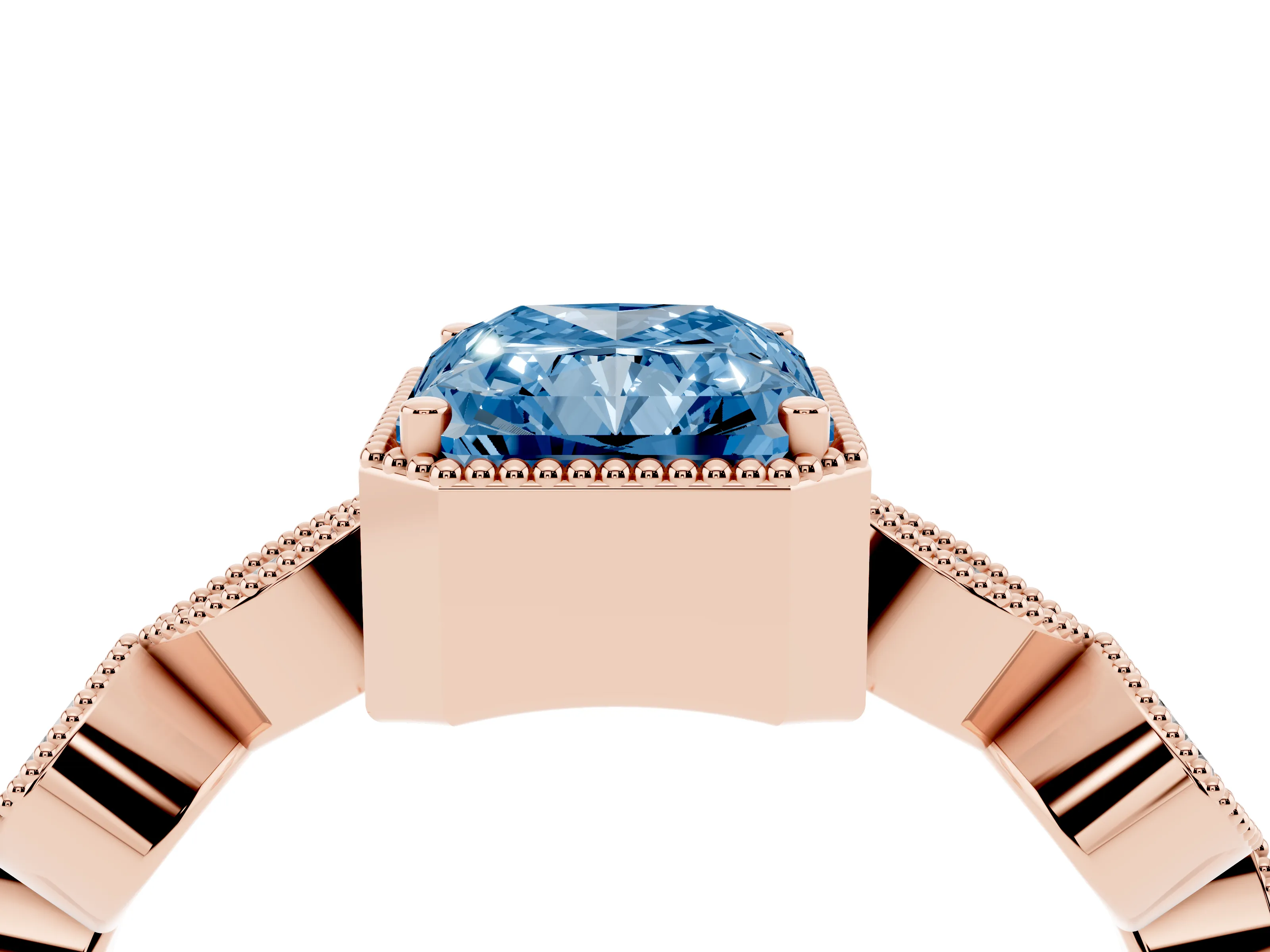 Fancy Blue Radiant Cut Diamond Vintage-Inspired Milgrain Ring Set in Rose gold with Marquise Stations of Round Accents
