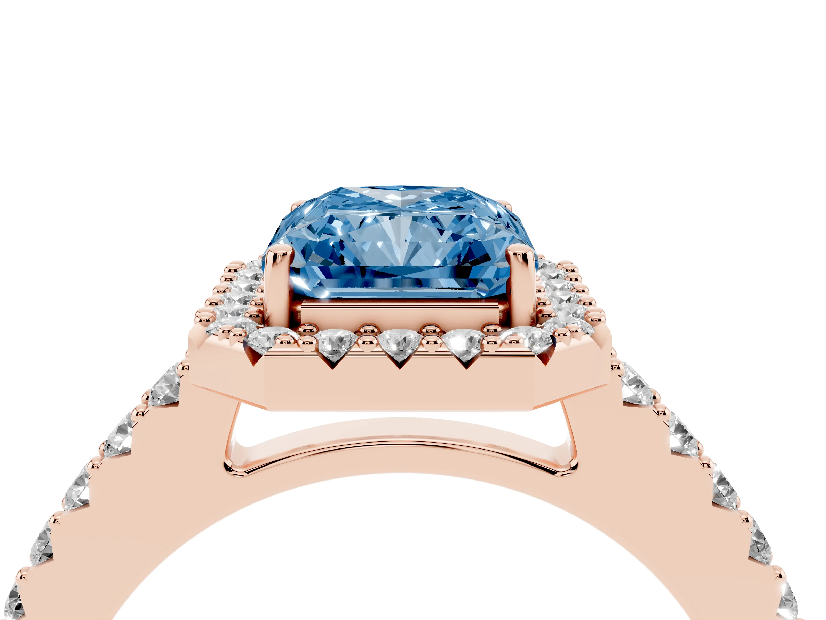 Fancy Blue Radiant Cut Diamond Halo Pavé Solitaire Ring Set in Rose gold with Prong-Set Center Stone