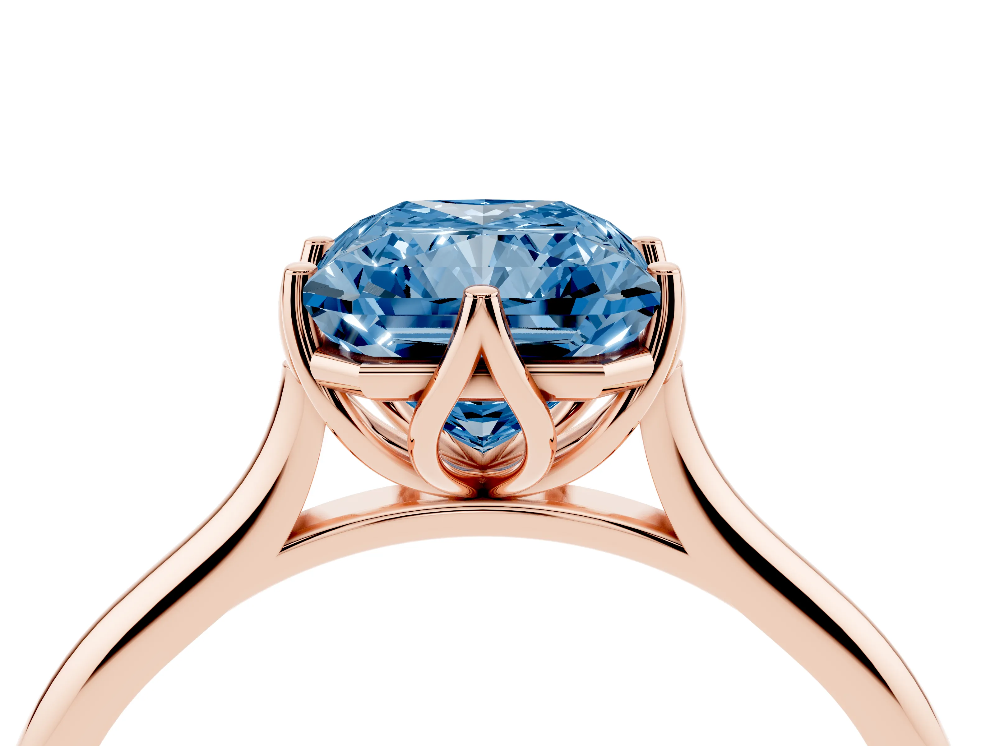Fancy Blue Radiant Cut Diamond Solitaire Cathedral Ring Set in Rose gold with Prong Setting