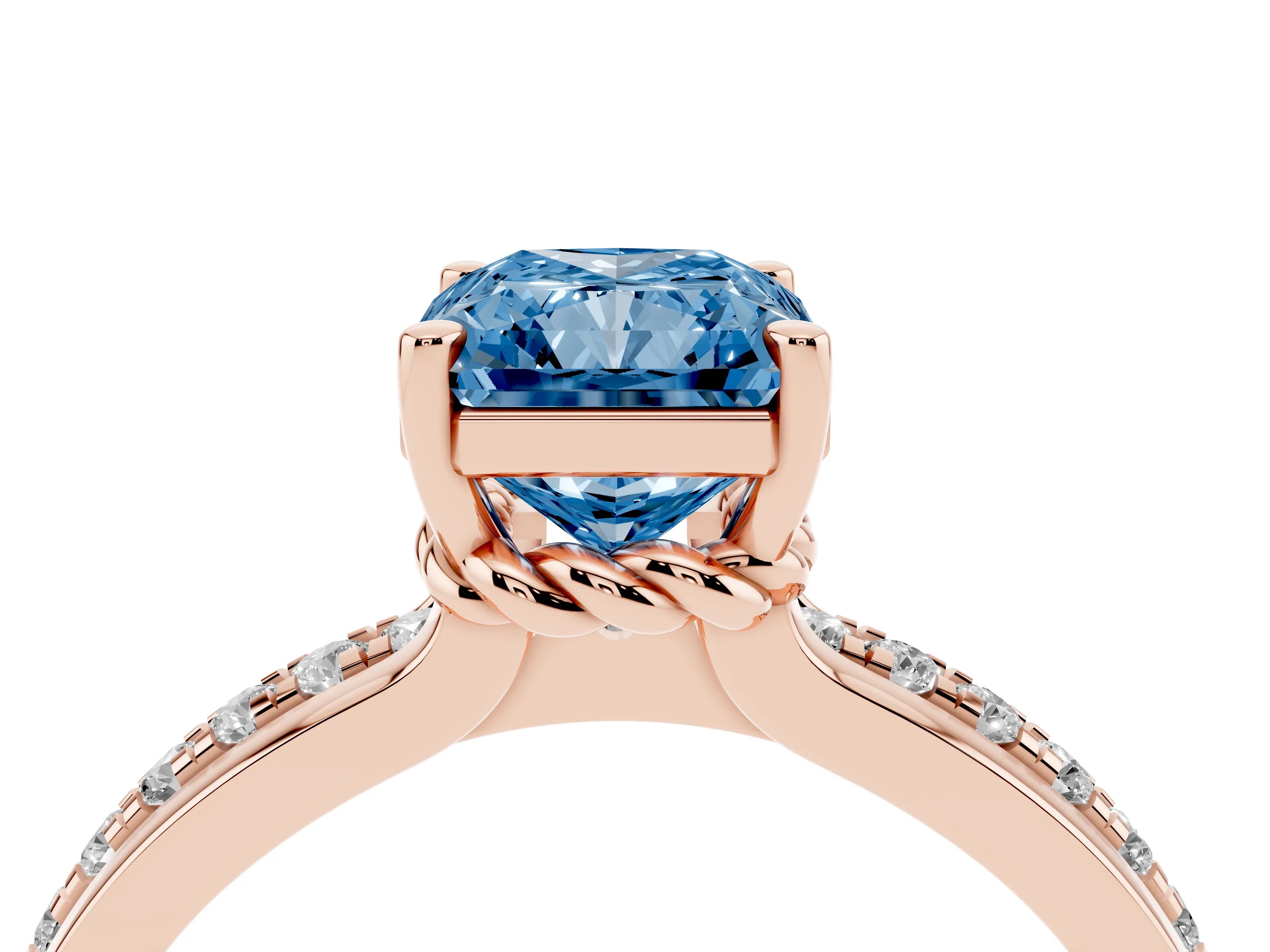 Fancy Blue Radiant Cut Diamond Solitaire Ring Set in Rose gold with Channel Set Band and Prong Setting
