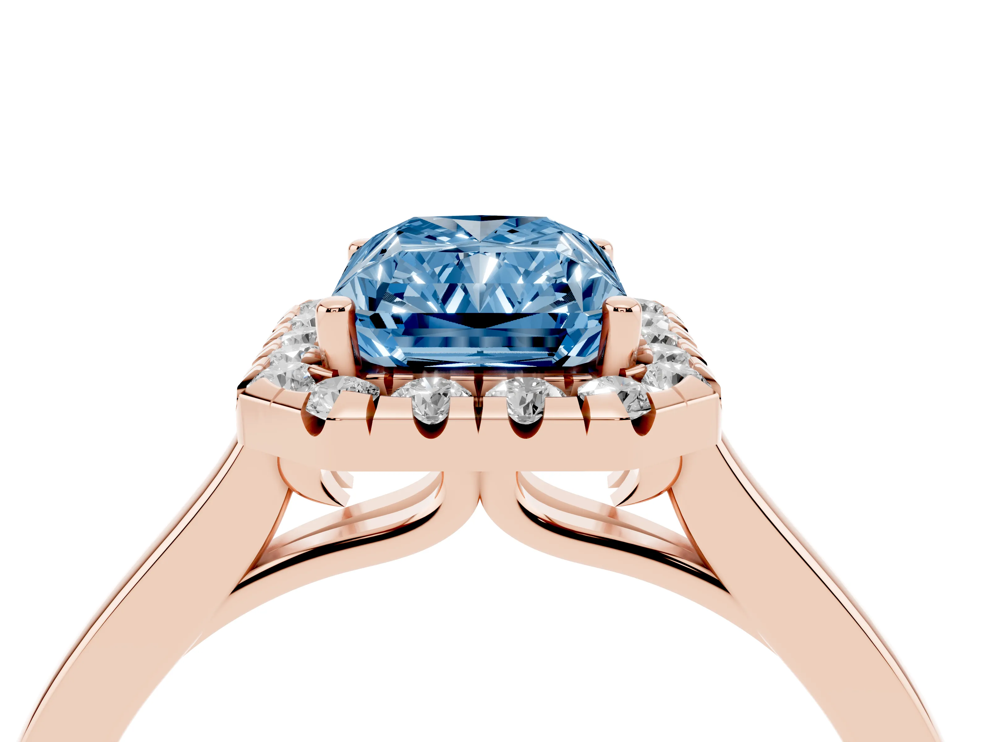Fancy Blue Radiant Cut Halo Round Diamond Solitaire Ring Set in Rose gold with Pavé Band and Prong Setting
