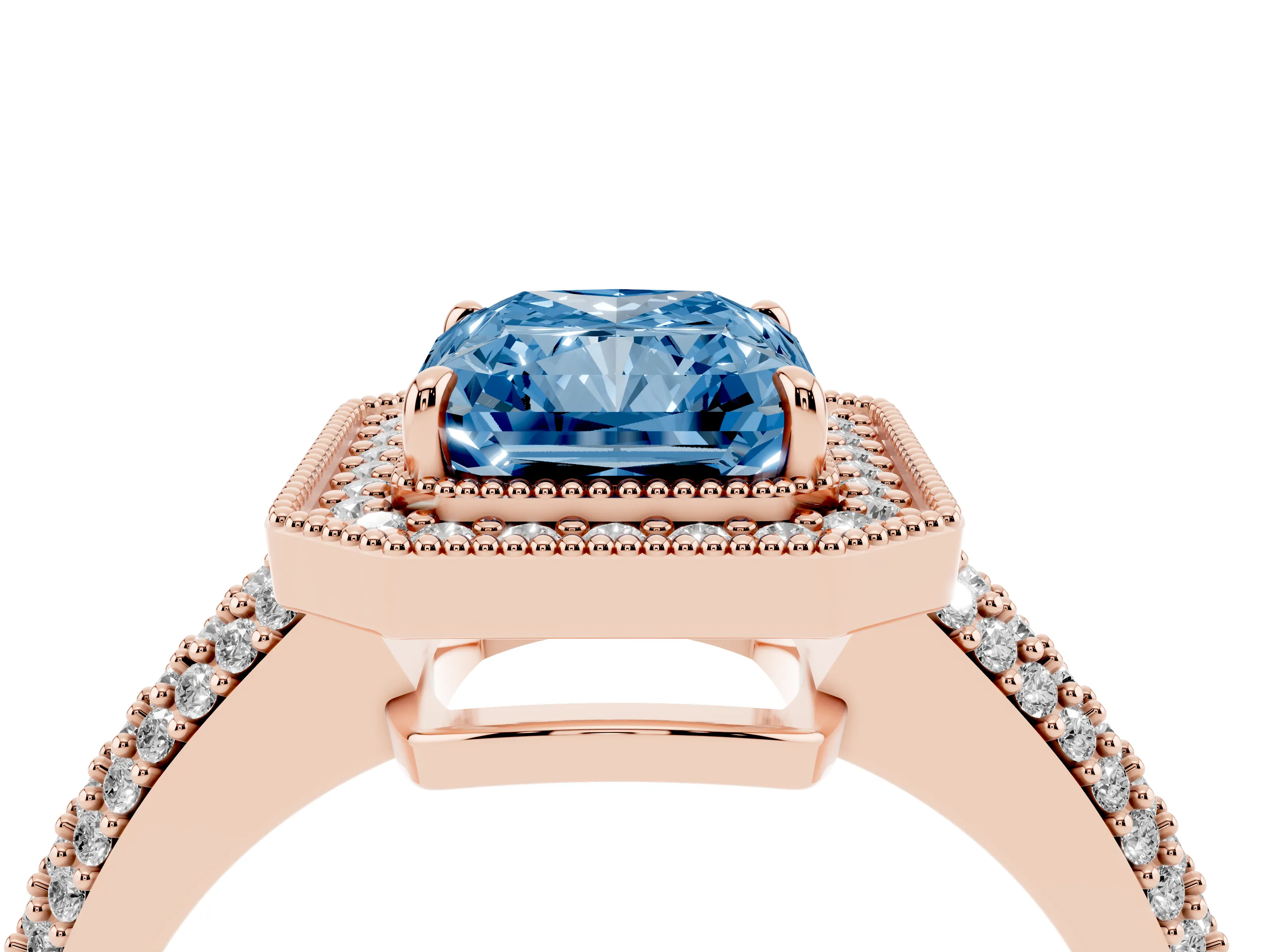 Fancy Blue Radiant Cut Diamond Halo Pavé Band Set in Rose gold with Prong Setting