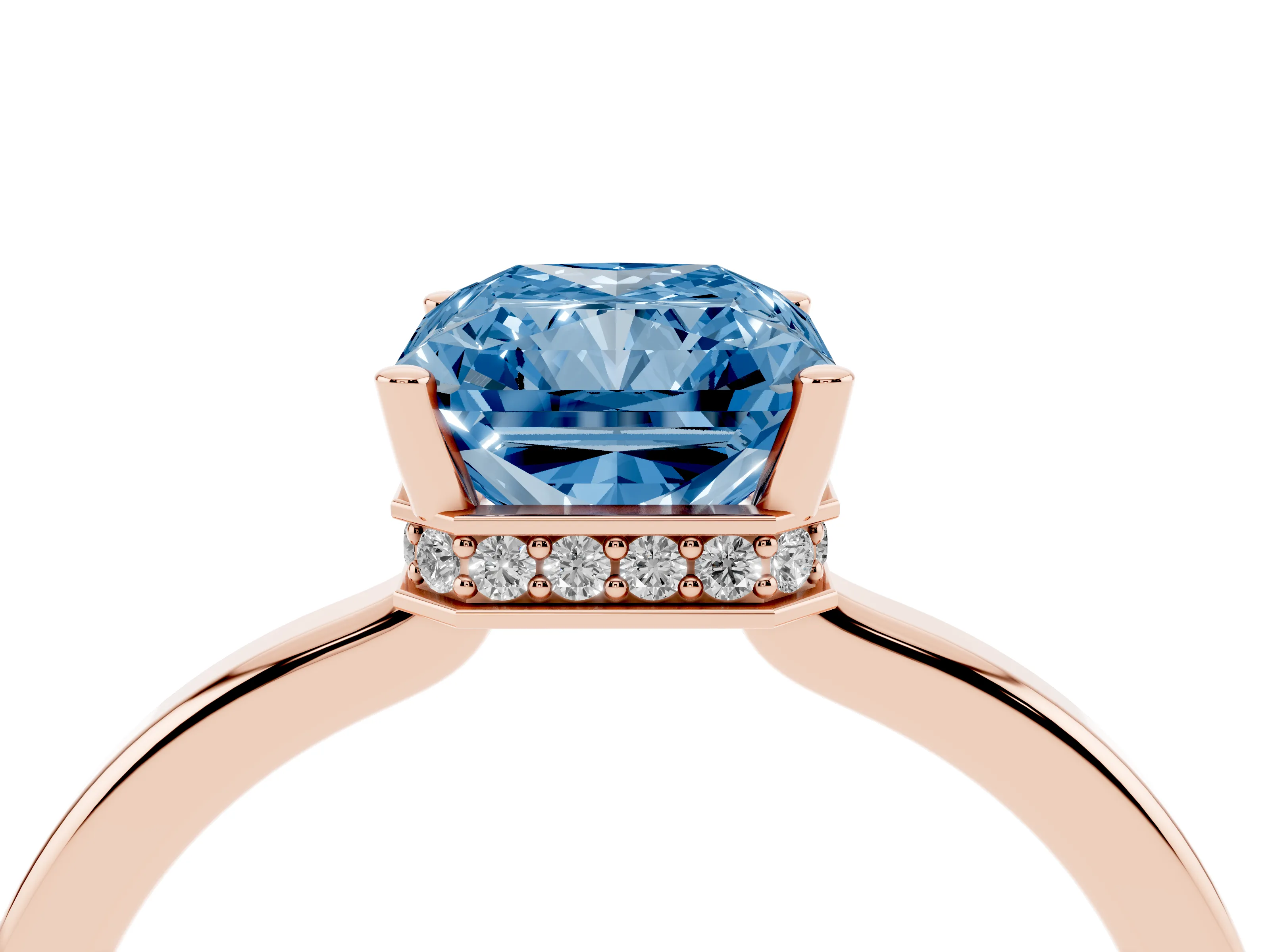 Fancy Blue Radiant Cut Diamond Solitaire Engagement Ring Set in Rose gold with Prong Setting on a Plain Band