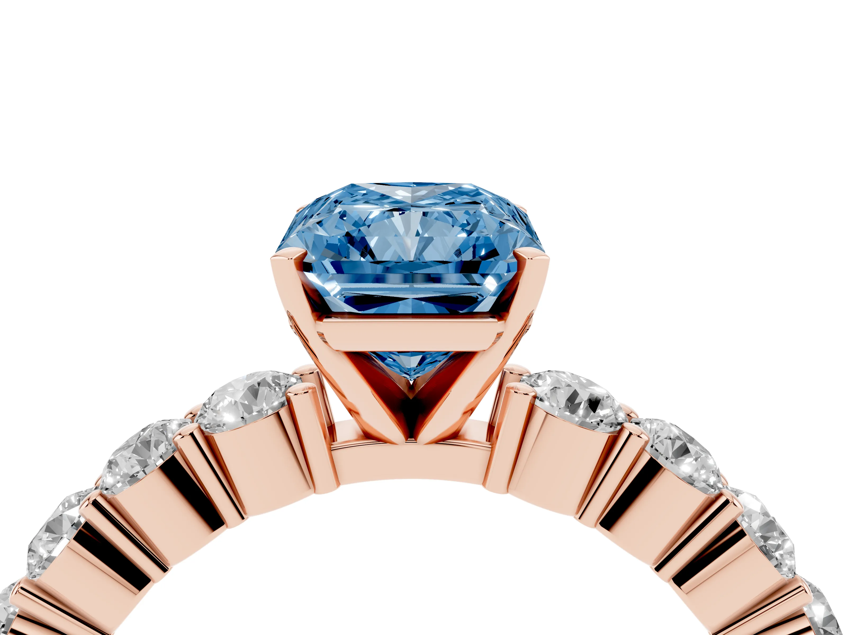 Fancy Blue Radiant Cut Diamond Solitaire Ring Set in Rose gold with Shared Prong Round Side Stones