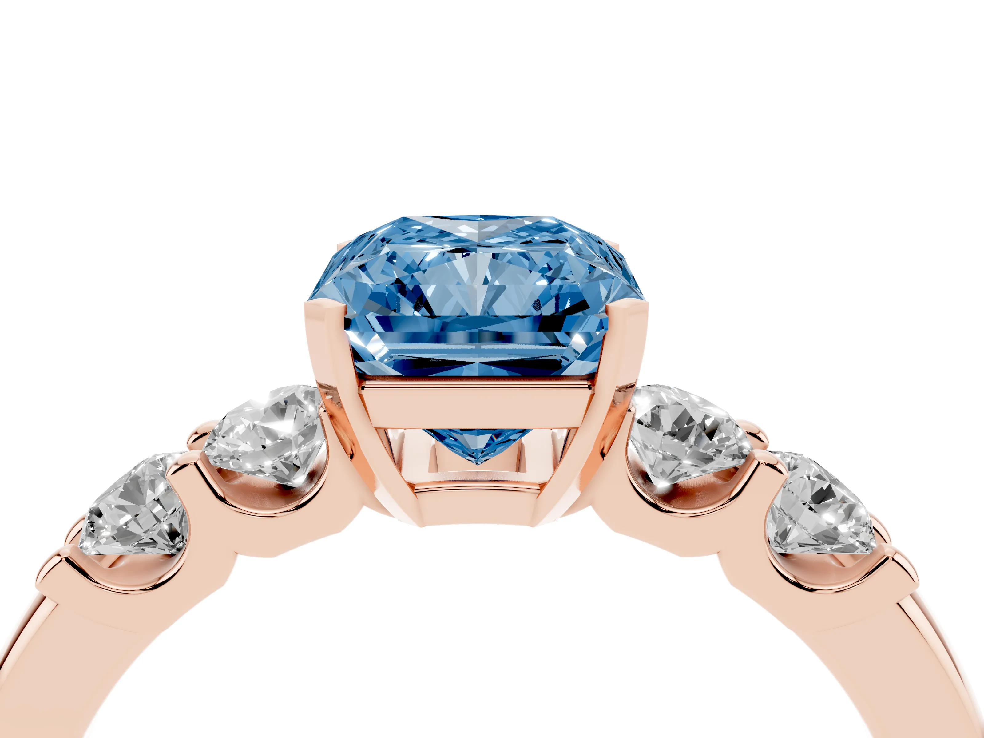 Fancy Blue Radiant Cut Diamond Five-Stone Prong Set Engagement Ring Set in Rose gold with Channel Band
