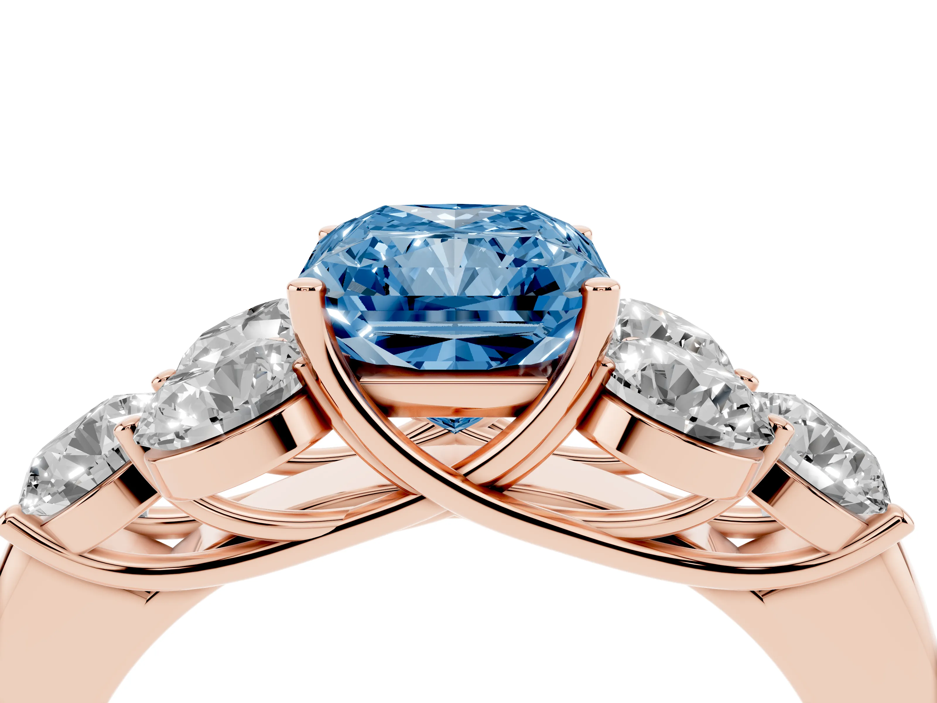 Fancy Blue Radiant Cut Diamond Cluster Ring Set in Rose gold with Round Accent Stones and Prong Setting on a Plain Band