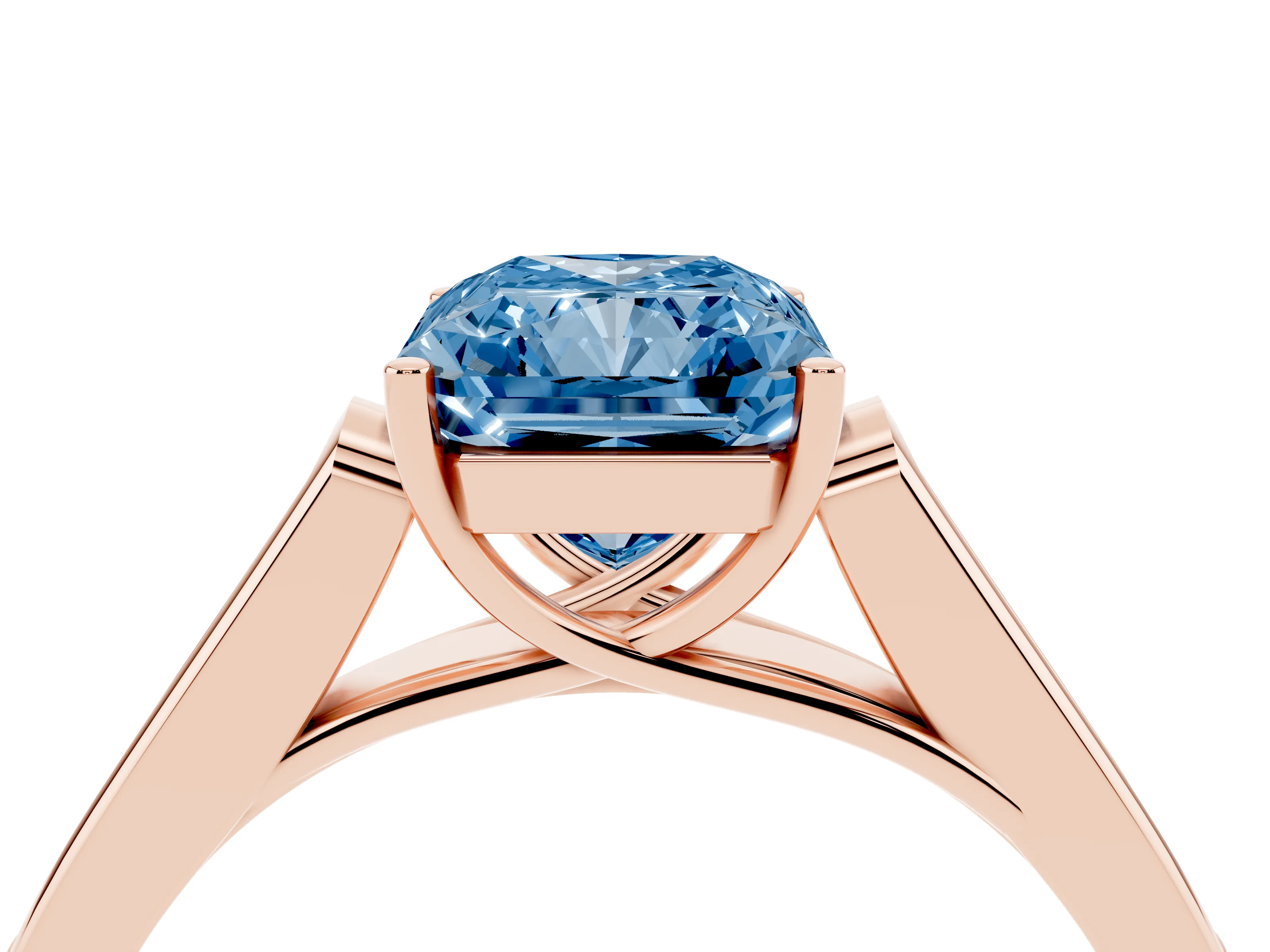 Fancy Blue Radiant Cut Diamond Solitaire Cathedral Engagement Ring Set in Rose gold with Channel-Set Band and Prong Setting