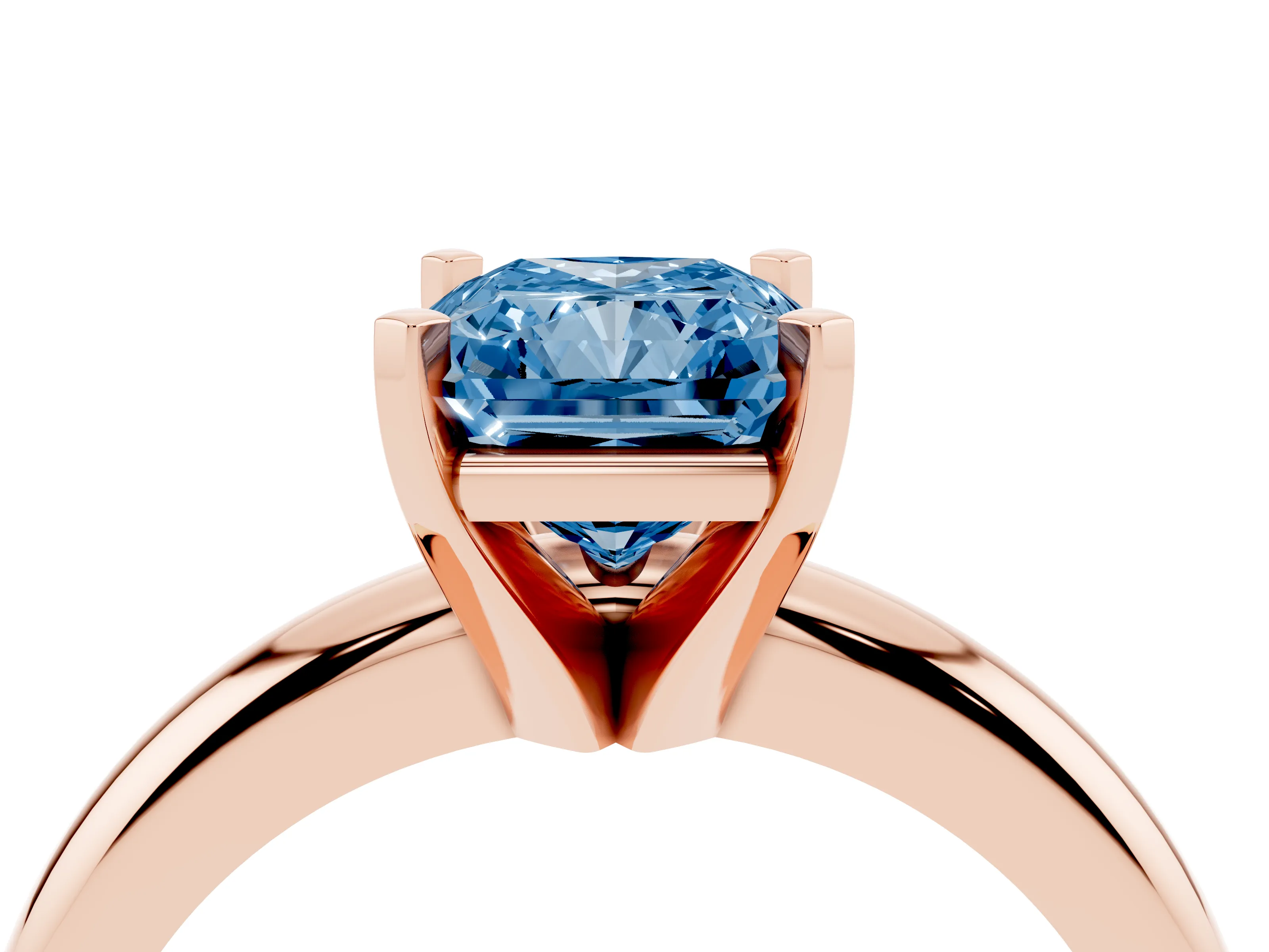 Fancy Blue Radiant Cut Diamond Solitaire Engagement Ring Set in Rose gold with Round Band and Prong Setting